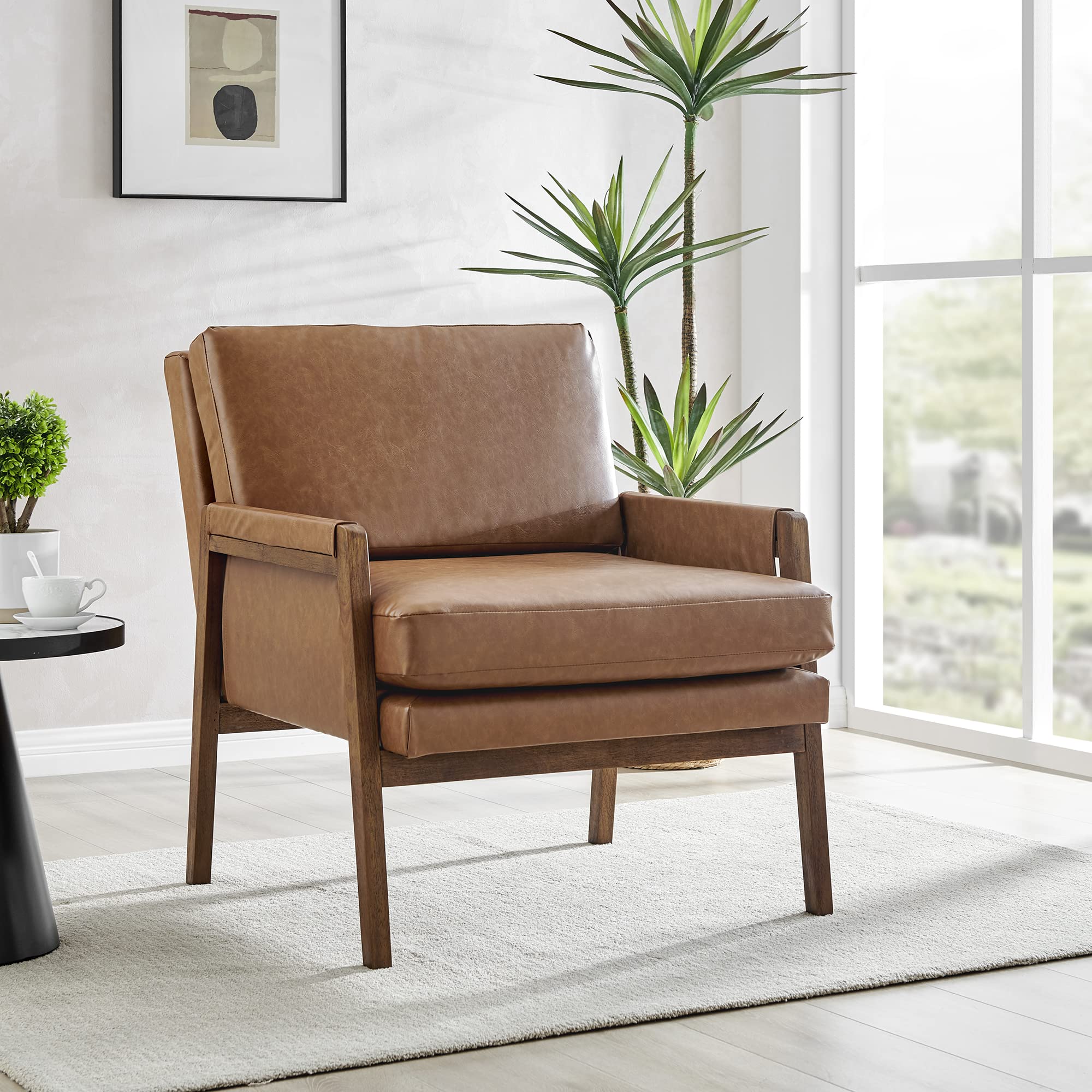 Vintage Cider Accent Chair with PU Arms - Mid Century Modern Yellow Lounge Chair for Living Room, Bedroom & Office - NPD Furniture and More