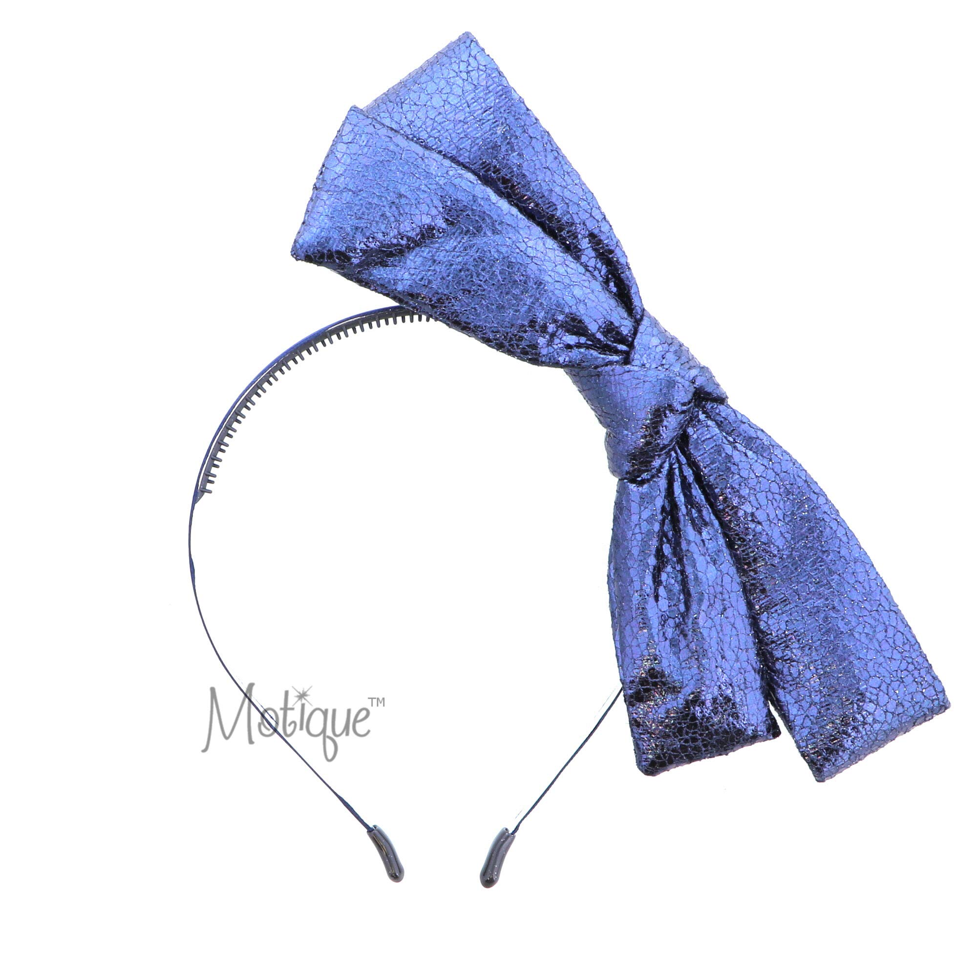 Motique Metallic Pleather Wired Bow Headband for Women & Girls - Blue | Elegant Hair Accessory for Parties, Weddings & Special Occasions