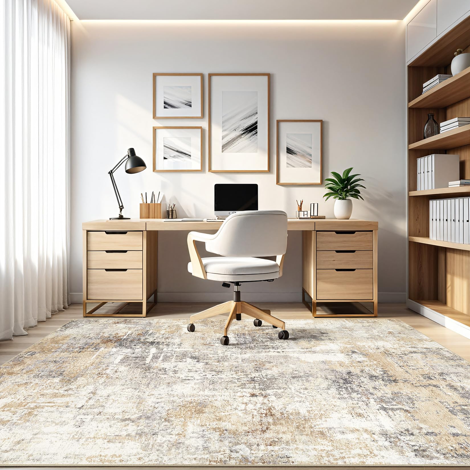 9x12 Washable Modern Abstract Area Rug - Stain Resistant Non-Slip Soft Indoor Floor Carpet for Living Room, Bedroom, Nursery, Office | Home Decor Accent in Gray & Gold | Perfect for High-Traffic Areas & Cozy Spaces