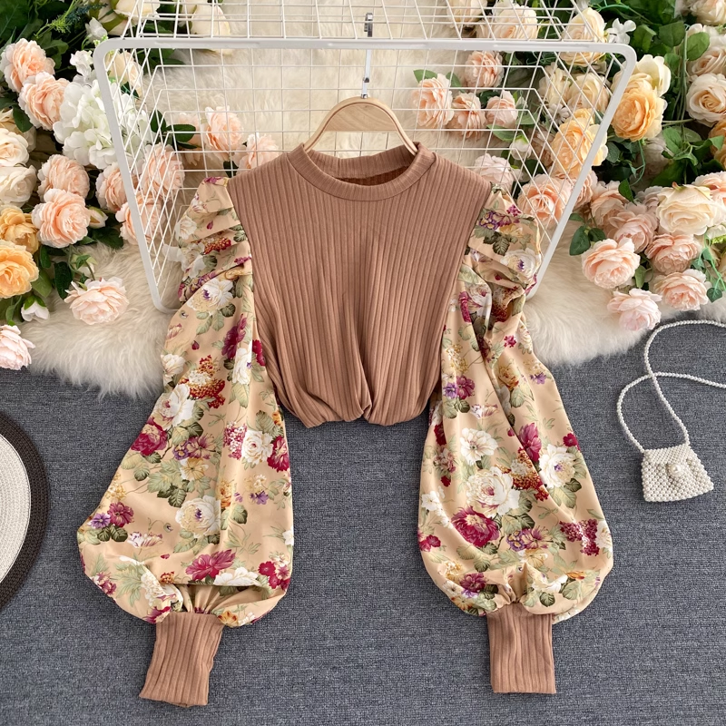 Floral Print Balloon Sleeve Round Neck Blouse - Women's Boho Chic Tops for Casual Wear, Date Night & Summer Outfits