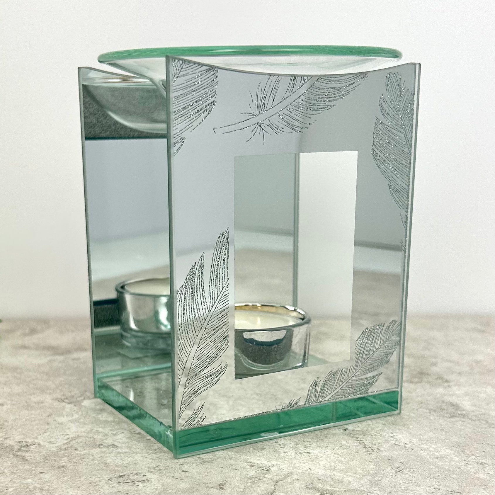 Silver Glitter Feather Memorial Oil Burner - Elegant Aromatherapy Diffuser for Home, Meditation & Spiritual Ceremonies