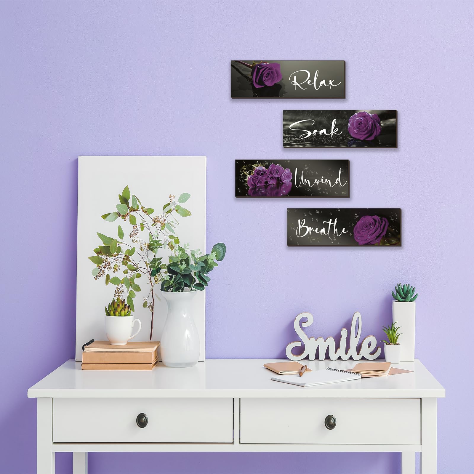 4-Piece Purple Rose Wall Art Set - Wooden Bathroom Decor with Relax Soak Unwind Breathe Signs (12x4 Inch) - Perfect for Girls Bedroom, Women's Living Room & Home Decor - Create a Spa-Like Ambiance for Relaxation & Self-Care Moments
