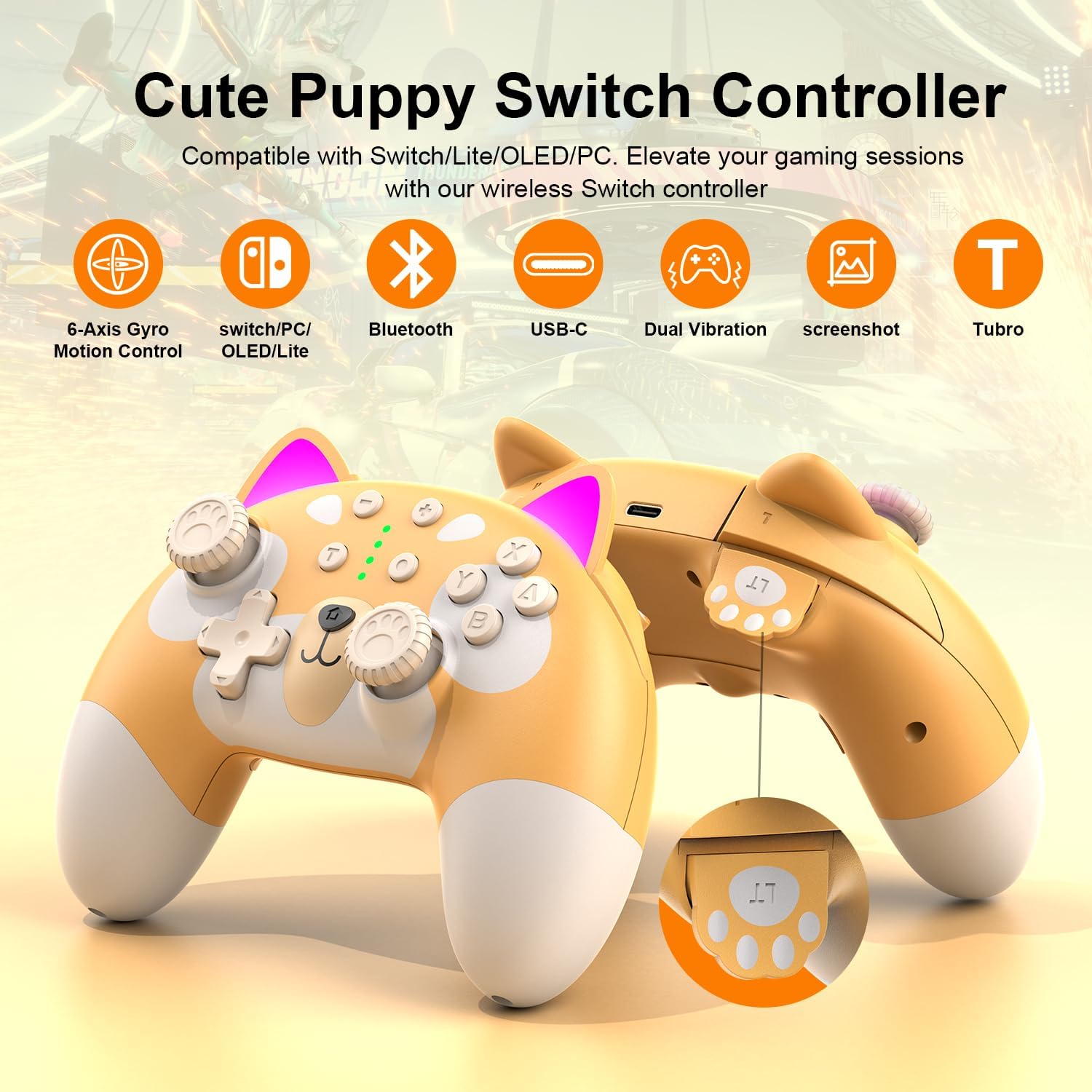 Wireless Switch Pro Controller for Nintendo Switch OLED/Switch Lite/PC - 6-Axis Motion Sensor, Vibration & Turbo Function - Cute Puppy Design - Perfect for Gaming, Streaming & Multiplayer Sessions