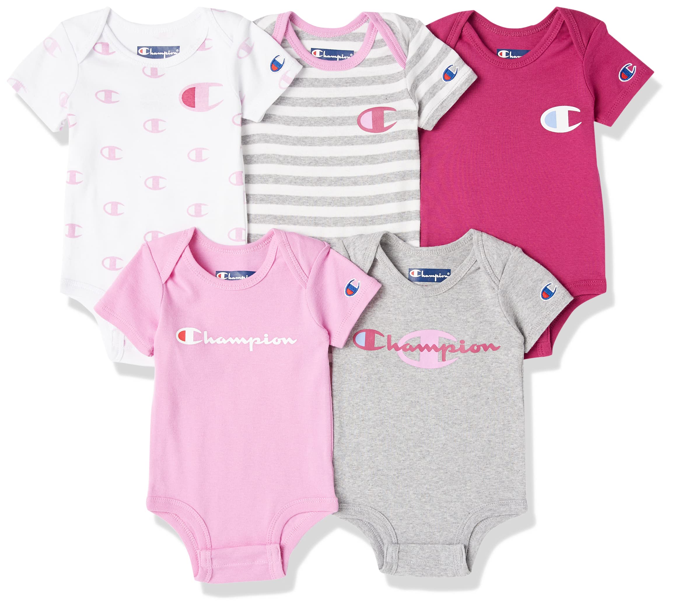 Champion 5-Pack Short Sleeve Baby Bodysuits - Gender Neutral Infant Clothes for 0-6 Months - Soft Cotton Onesies in Multiple Colors - Perfect for Everyday Wear, Playtime & Photo Shoots