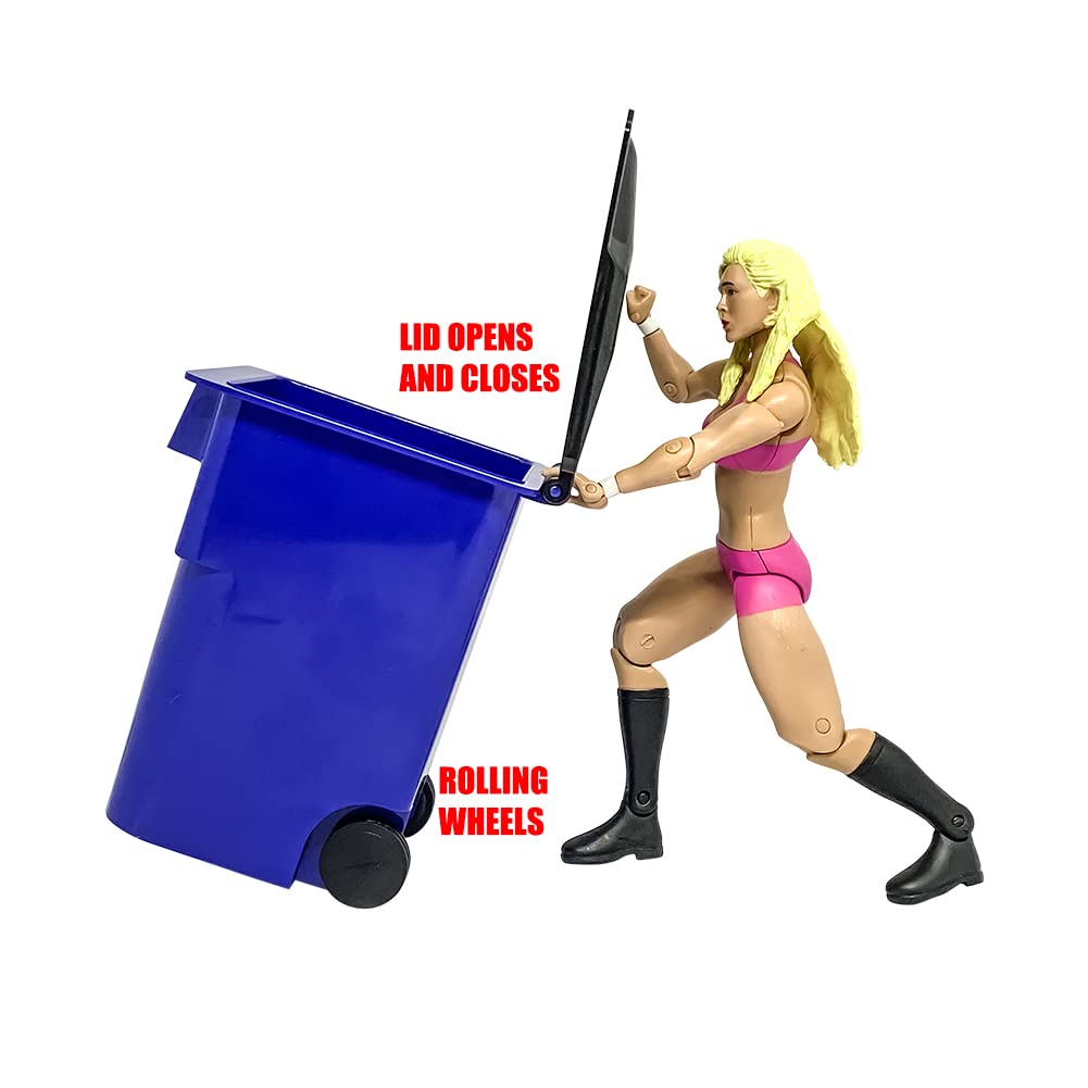 Mini Wrestling Action Figure Toy Accessory - Small Blue Recycling Trash Can with Lid & Wheels for WWE Collectibles - Perfect for Wrestling Dioramas & Toy Photography Scenes