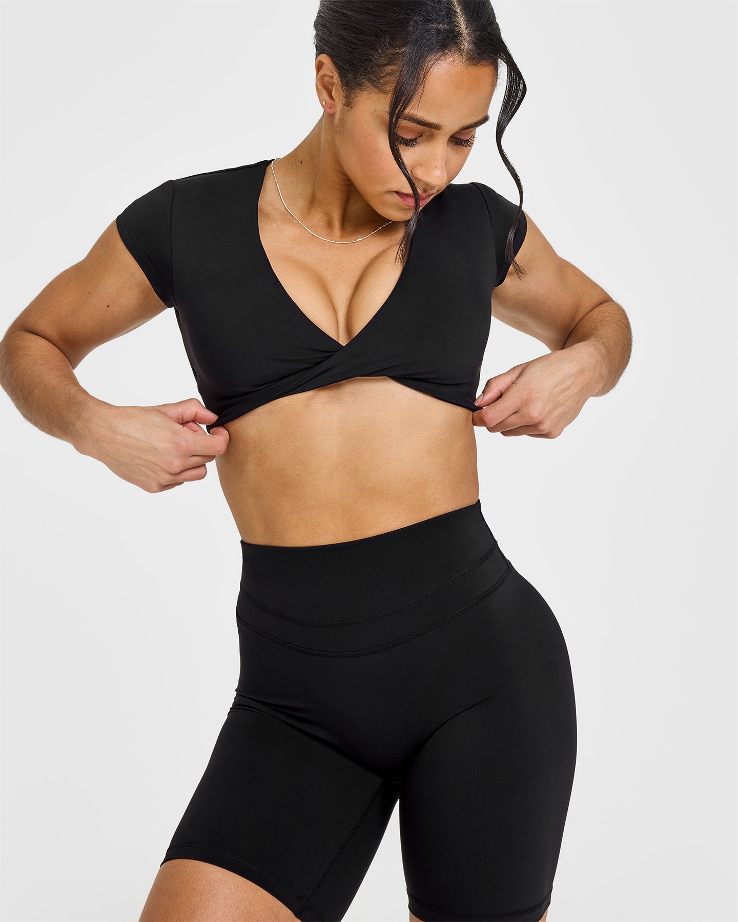 Trendy Twist Front Short Sleeve Crop Top for Women | Black | Perfect for Summer Outfits, Beach Vacations & Casual Wear