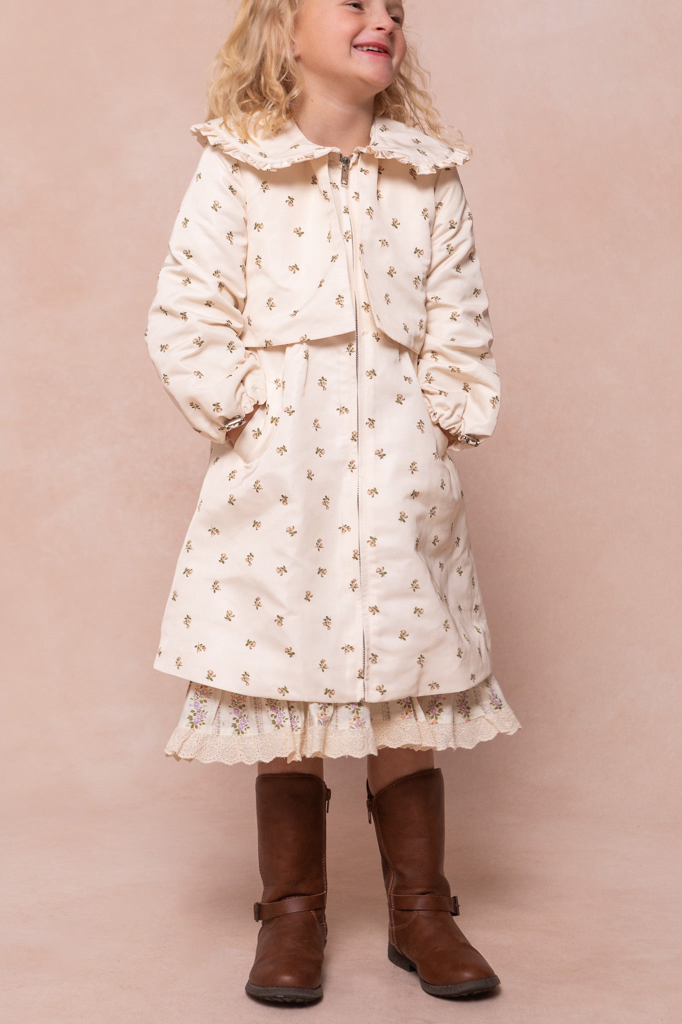 Cream Floral Mini Clementine Raincoat for Women - Waterproof Lightweight Rain Jacket - Perfect for Spring Showers, Outdoor Activities & Travel
