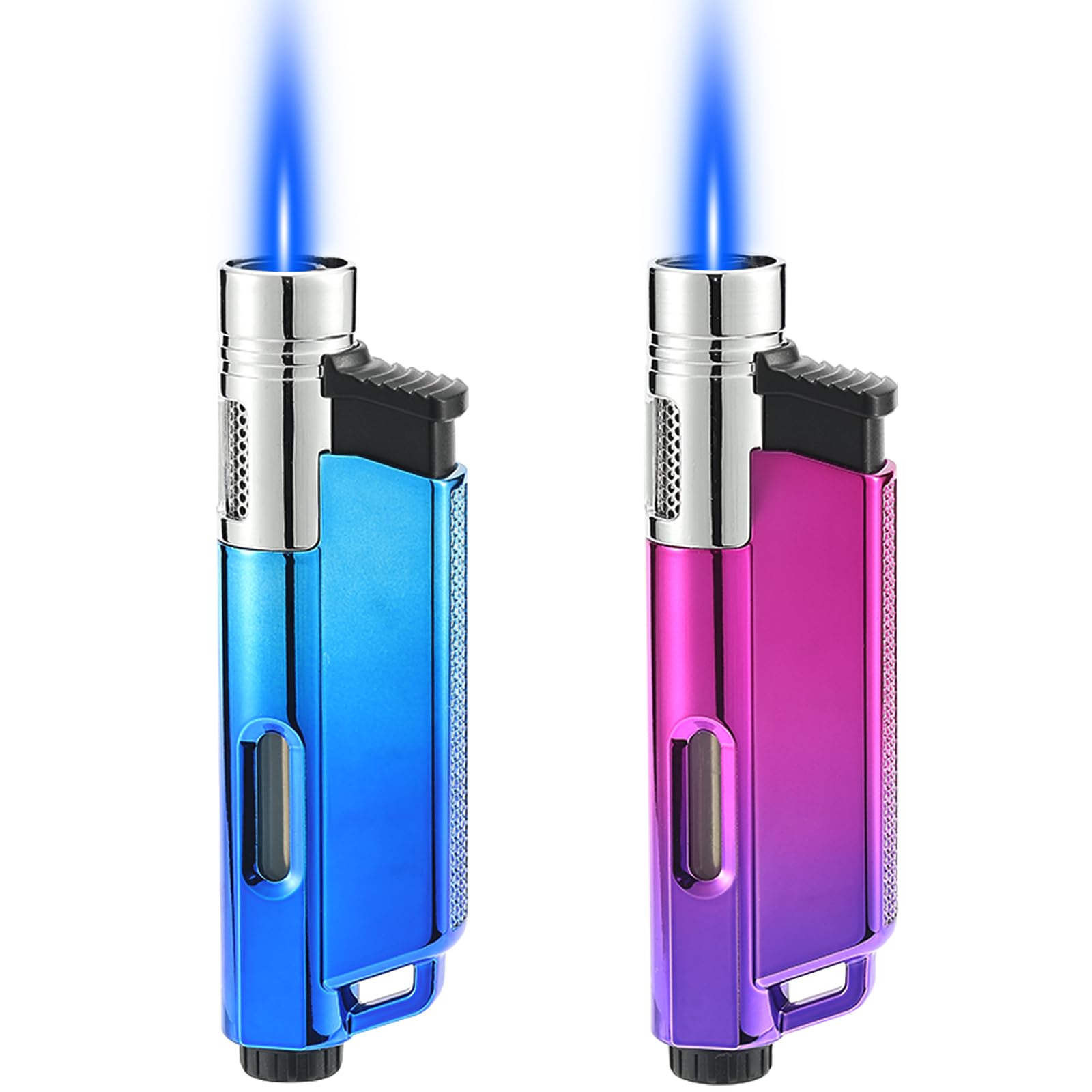Yeuligo 2 Pack Refillable Butane Torch Lighters with Keyhole & Visible Window - Adjustable Flame Gas Lighter for Candle Lighting, Kitchen, Fireplace, BBQ, Camping & Fireworks (Gradient Blue & Purple) - No Gas Included