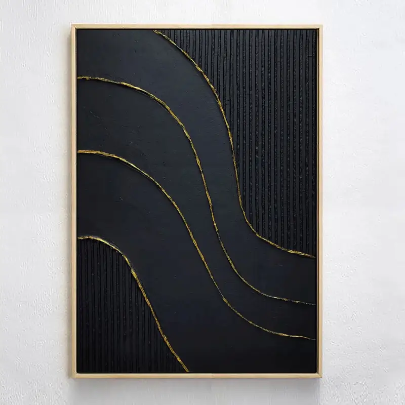 Black Gold Minimalist Textured Abstract Wall Art Painting #MZ011 - Modern Home & Office Decor for Living Room, Bedroom, Dining Area