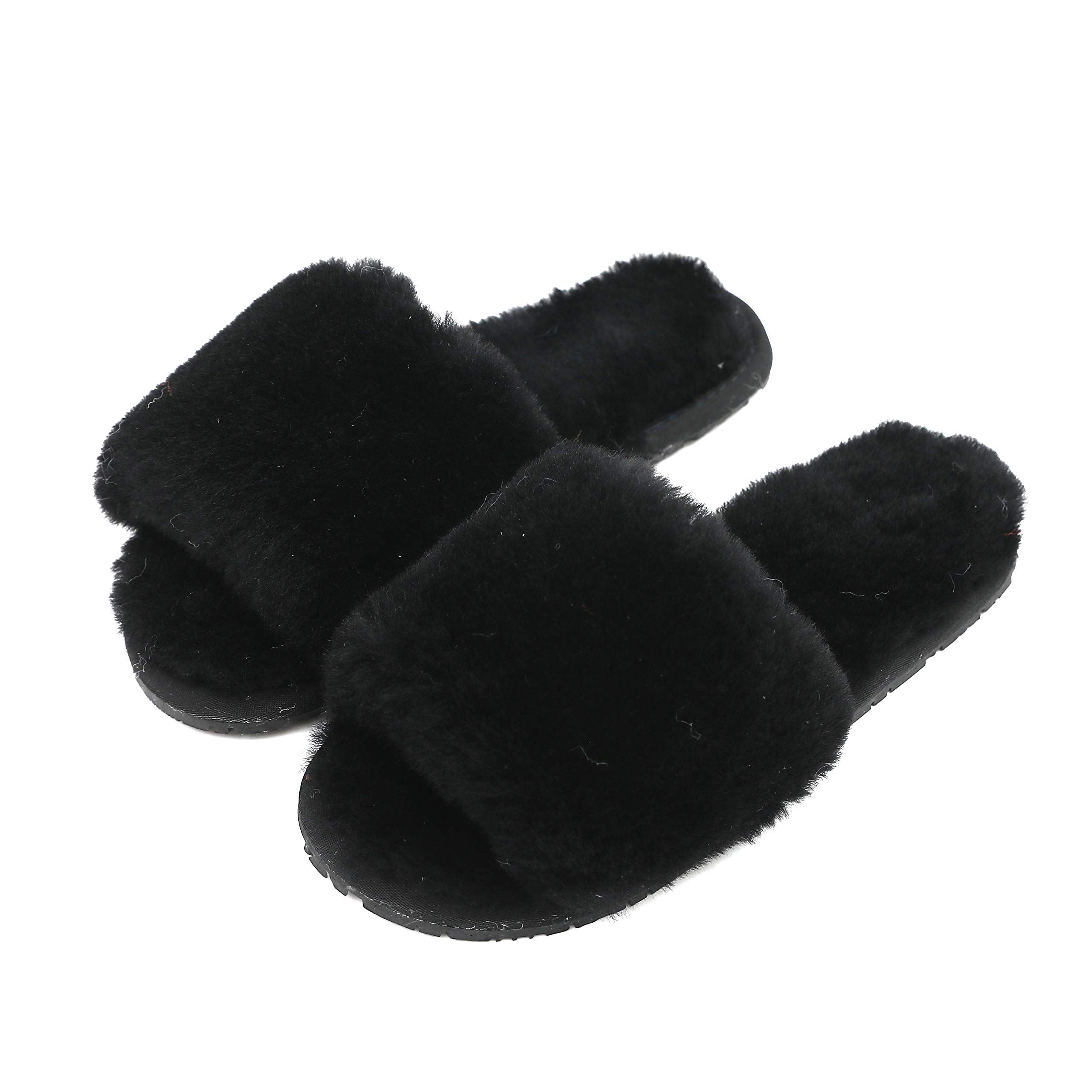 Women's Luxury Boiled Wool Slippers with Real Fur - Open Toe House Slippers by Dechic | Cozy Indoor & Lounge Wear for Winter Comfort