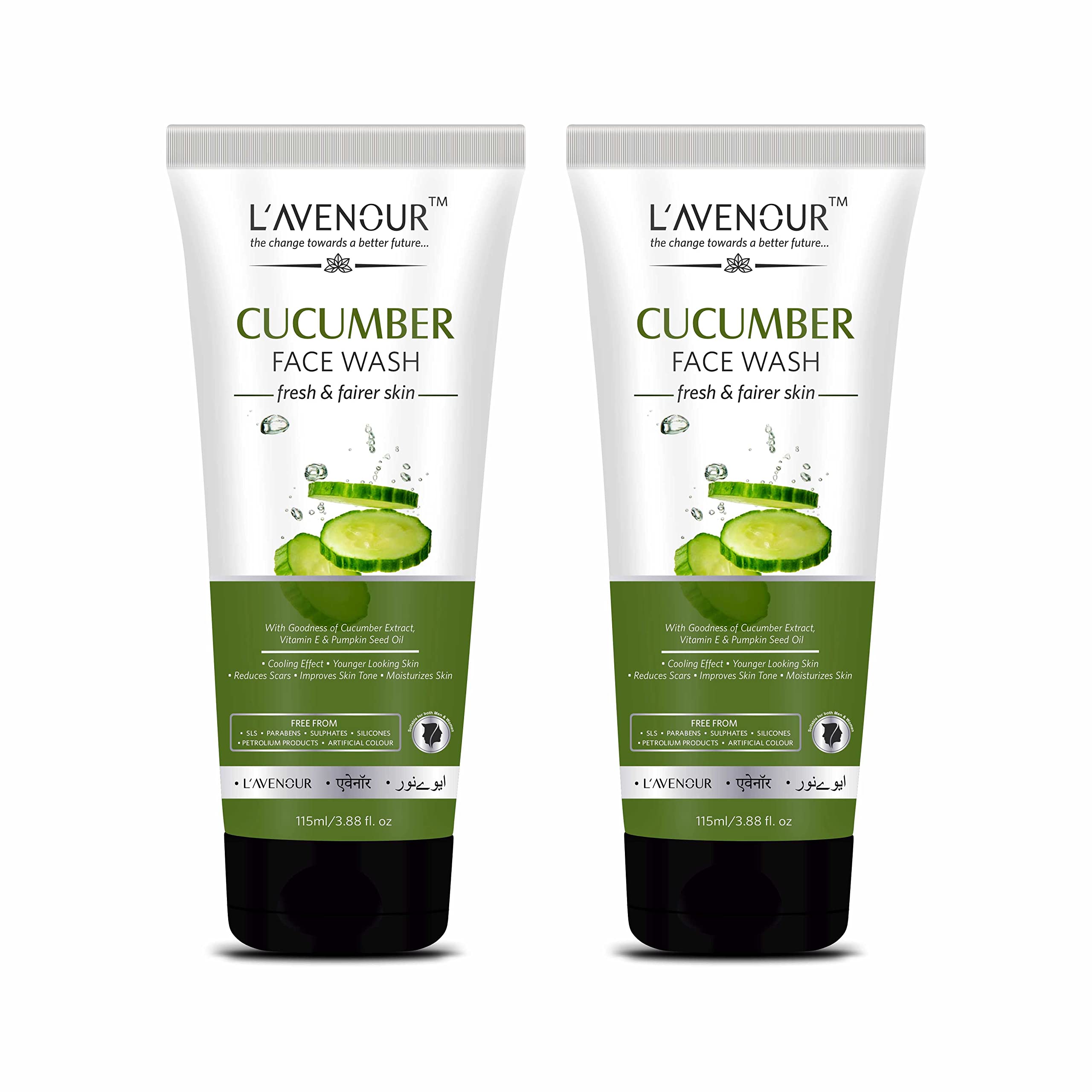 L'avenour Vitamin E Cucumber Face Wash for Men & Women - 115ml (Pack of 2) | Deep Cleansing, Brightening & Hydrating | Perfect for Daily Skincare Routine & Travel