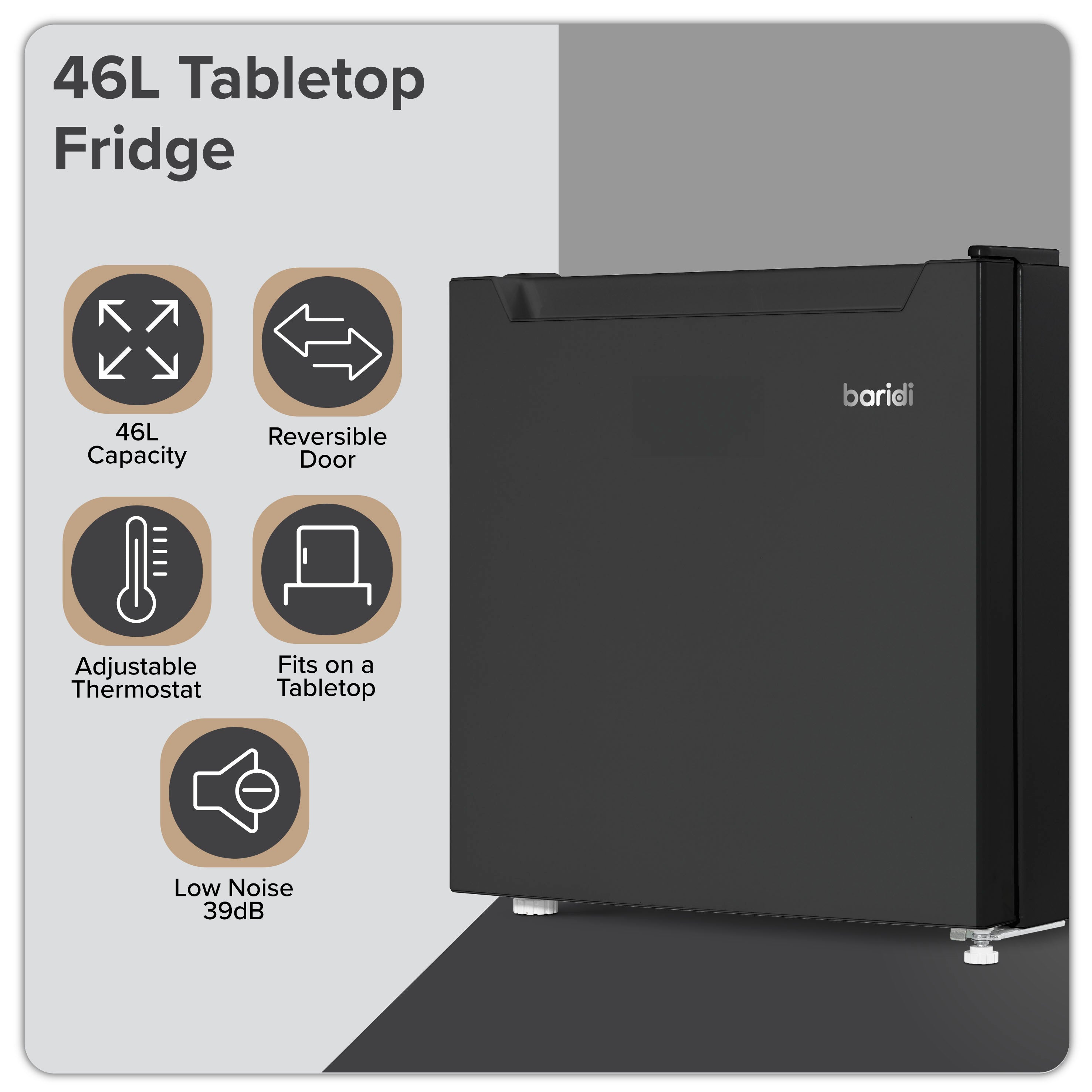 Baridi 46L Tabletop Mini Fridge with Ice Box - Adjustable Thermostat, Compact Refrigerator for Bedroom, Office, Dorm - Perfect for Drinks, Snacks & Skincare Storage (Model DH257)