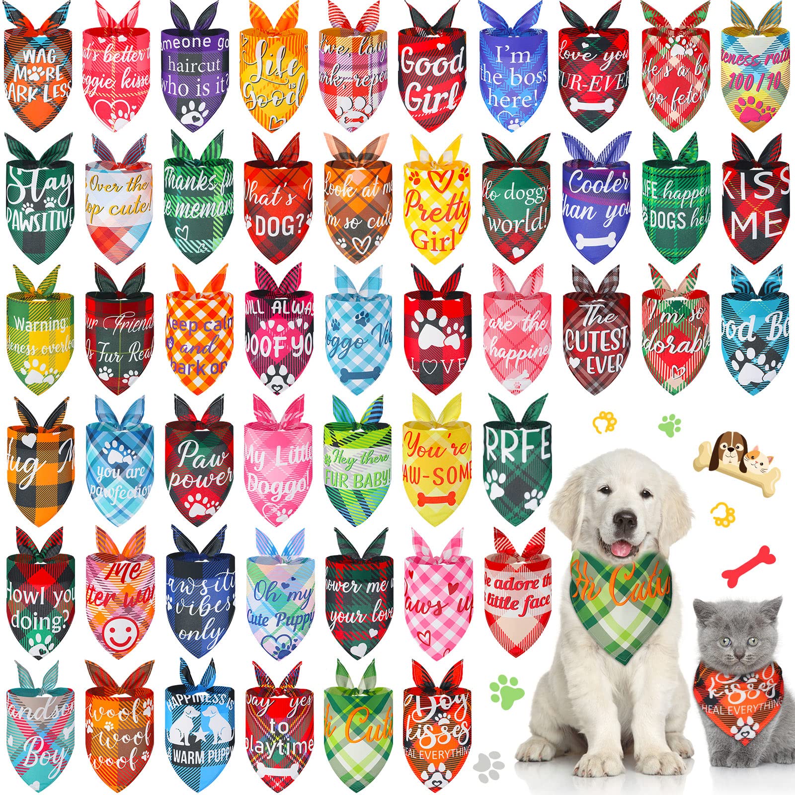 50 Pcs Plaid Dog Bandanas Bulk - Cute Adjustable Pet Bandanas for Small to Medium Dogs & Cats - Washable Triangle Scarf Bibs with Fun Captions - Perfect for Holidays, Birthdays & Daily Pet Fashion Accessories