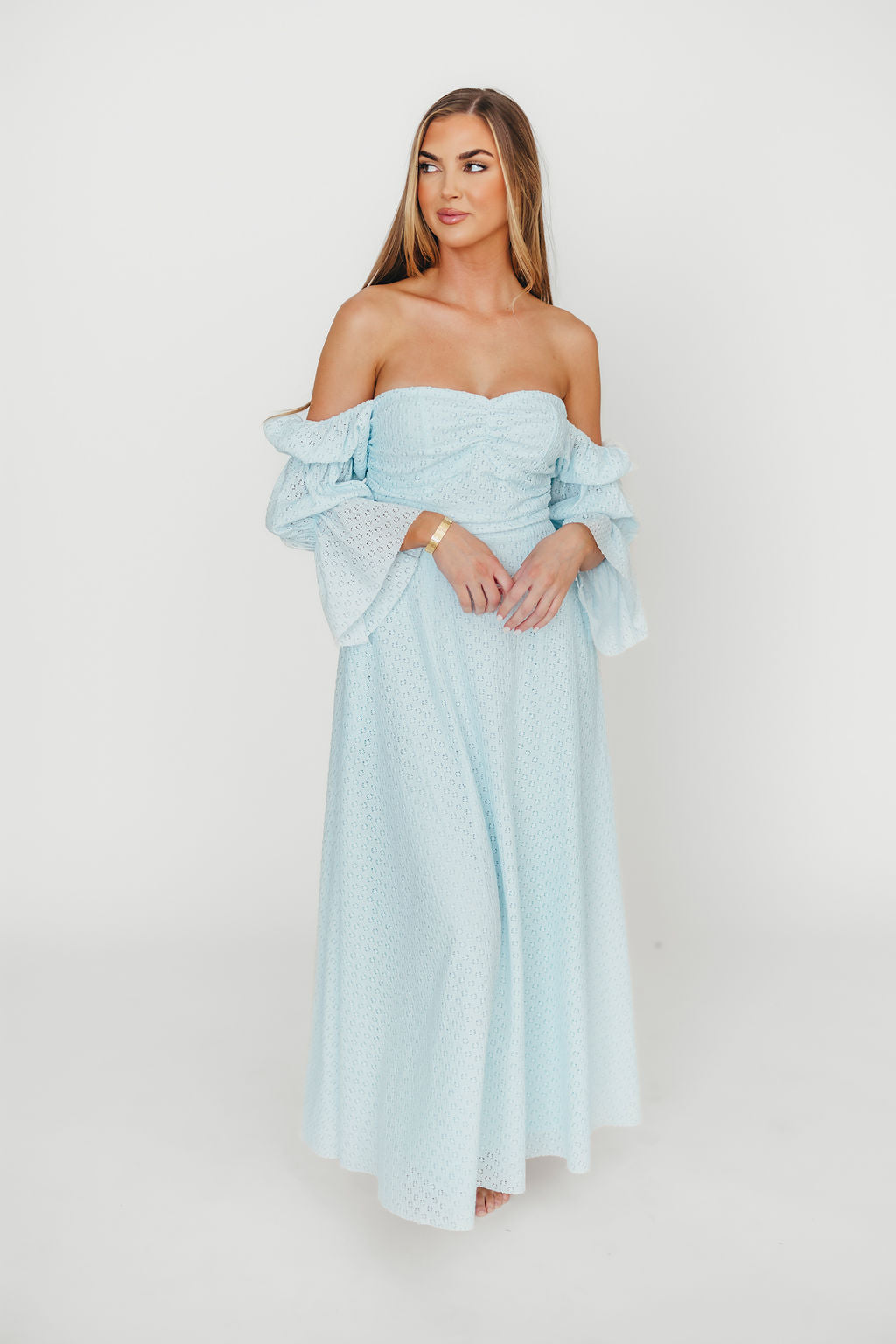 Corrine Tiered Sleeve Maxi Dress with Pockets - Baby Blue Maternity Dress | Bump Friendly & Comfortable for Pregnancy, Nursing, Baby Showers and Special Occasions