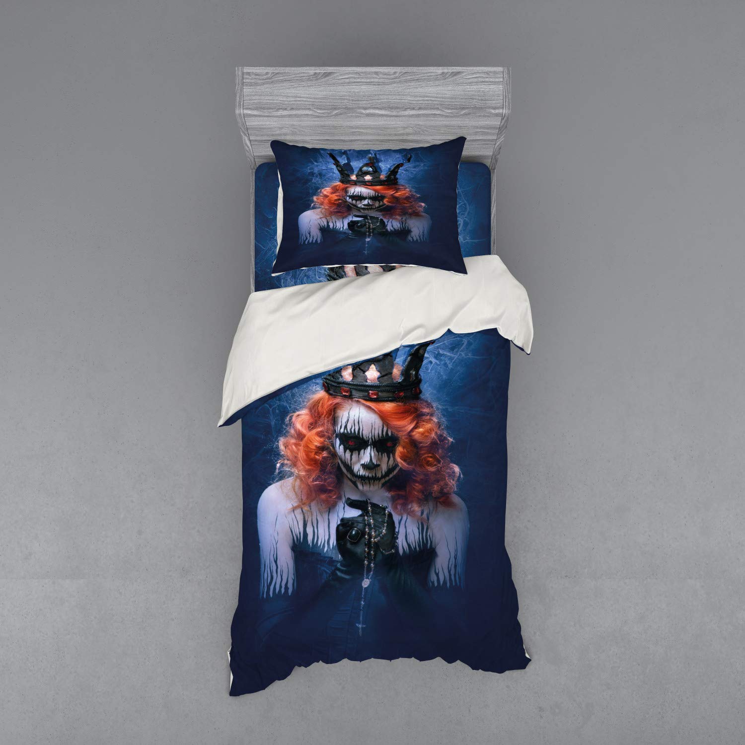 Ambesonne Queen Duvet Cover Set - Gothic Halloween Bedding with Scary Zombie Face Art, 3-Piece Set Includes Sham & Fitted Sheet (Twin XL, Navy Blue/Orange/Black) - Perfect for Spooky Bedroom Decor, Halloween Parties & Horror Theme Rooms