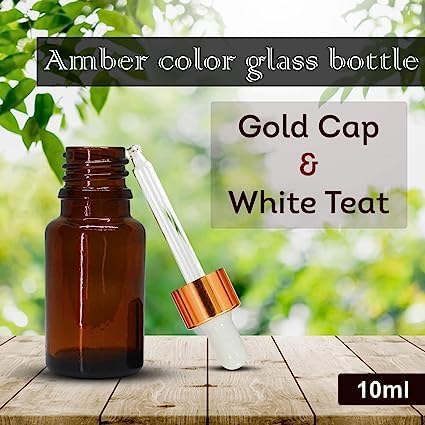 10ml Amber Glass Dropper Bottles with Gold Ring & White Silicone Teat - Refillable Essential Oil Bottles, Leak-Proof for Aromatherapy, DIY Skincare & Travel - Pack of 10