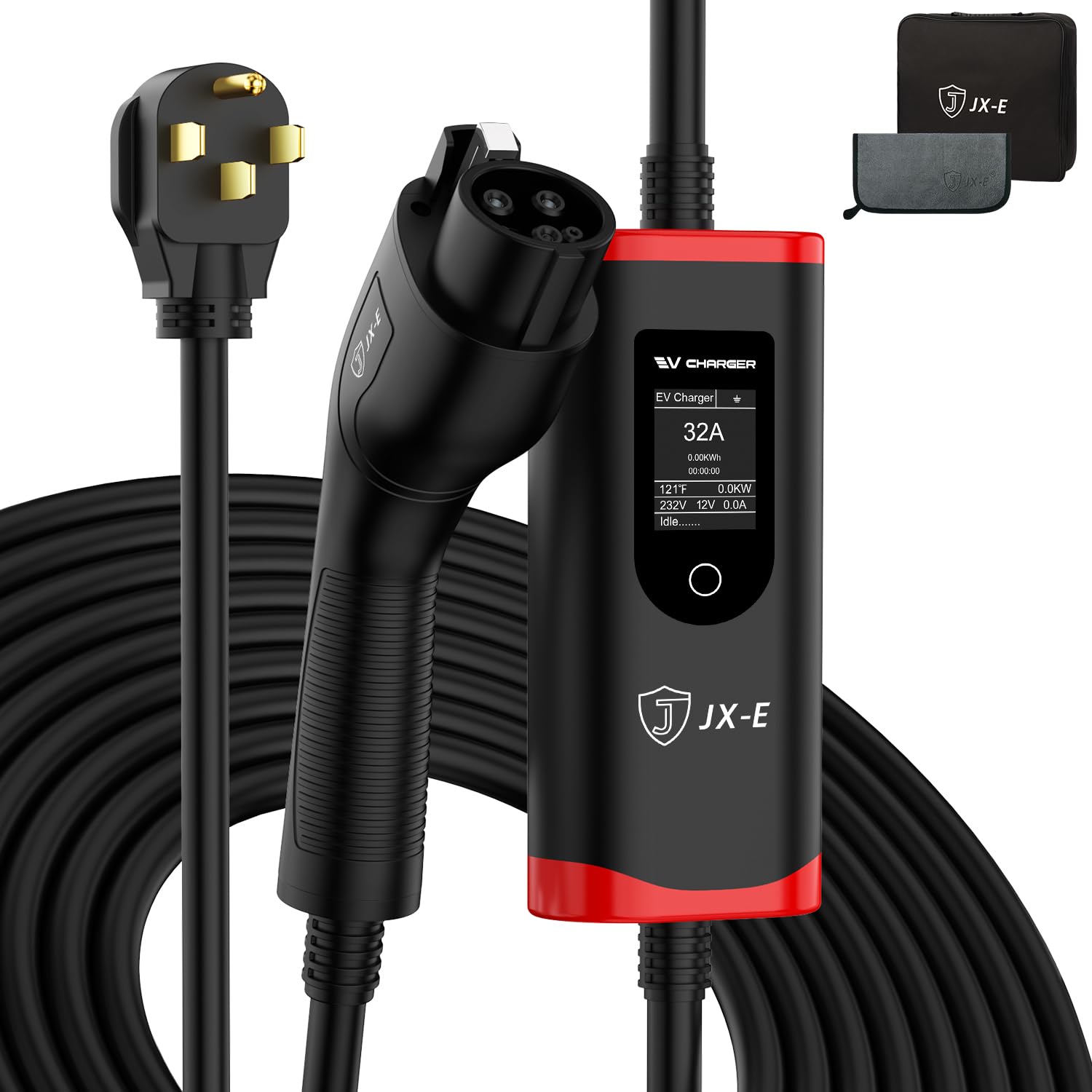 JX-E Level 2 EV Charger - 32Amp 240V NEMA 14-50 Plug Portable Home Charging Station for All SAE J1772 Electric Vehicles | FCC & ROHS Certified | 25FT Cable | Perfect for Home, Garage & Road Trip Charging