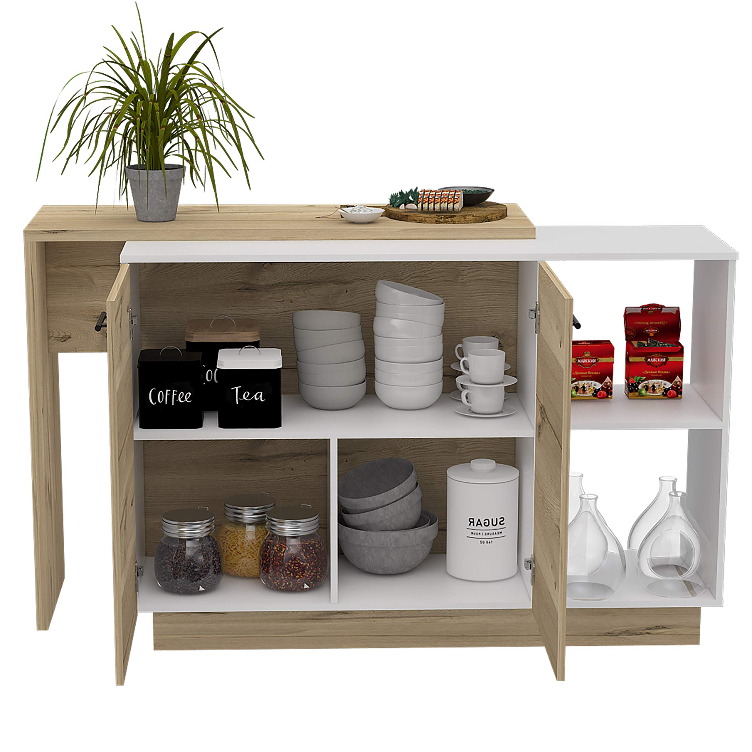 White/Light Oak Creta Kitchen Island with Double Door Cabinets & 5 Shelves (2 External + 3 Internal) - Perfect for Small Kitchen Storage, Dining Prep & Modern Farmhouse Decor