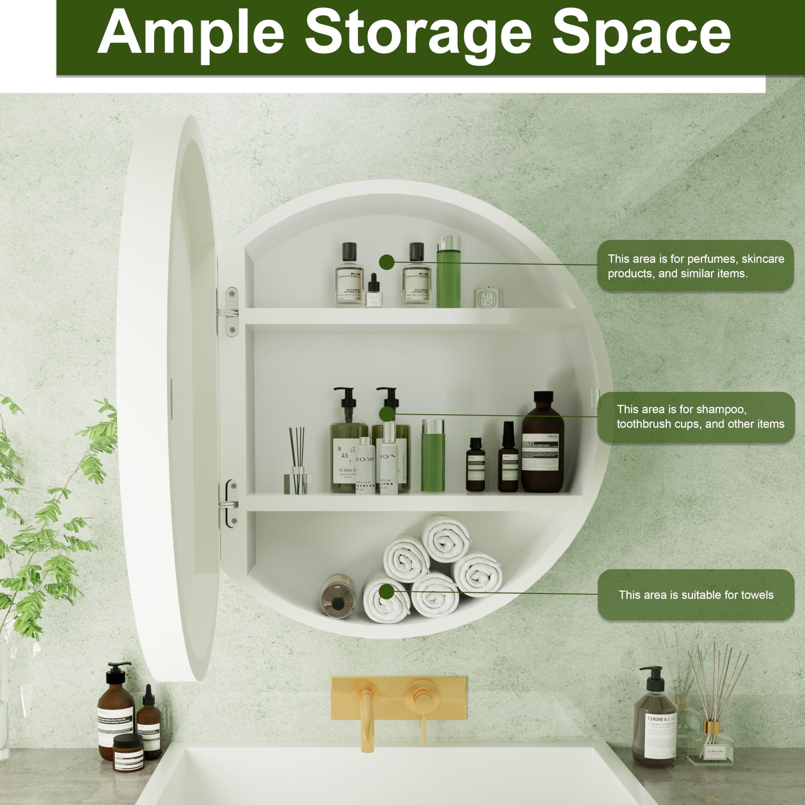 Round Medicine Cabinet Mirror with Shelf - Bathroom Wall Mounted Storage Cabinet with Vanity Mirror, Surface Mount Above Toilet Organizer (White) - Perfect for Small Bathrooms, Powder Rooms & Apartment Living