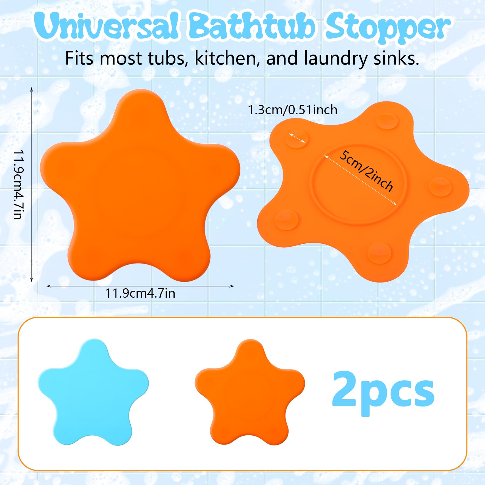Molain 2 Pack Silicone Bathtub Drain Stopper - Hair Catcher & Flat Suction Cover for Kitchen, Bathroom & Laundry (Blue & Orange) - Perfect for Bath, Sink & Shower Drain Protection