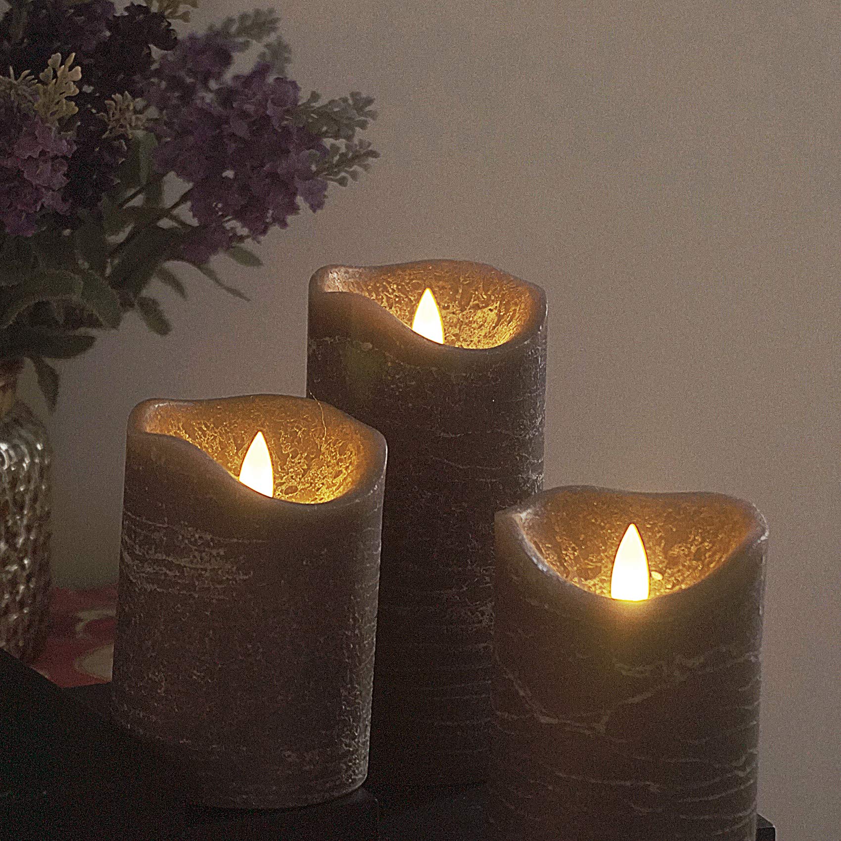 Real Wax Battery Operated Flameless Candles with Timer - Set of 3 Rustic Gray LED Pillar Candles, Realistic Flickering & 6H On/18H Off Auto Cycle - Perfect for Home Decor, Weddings, Restaurants & Relaxation