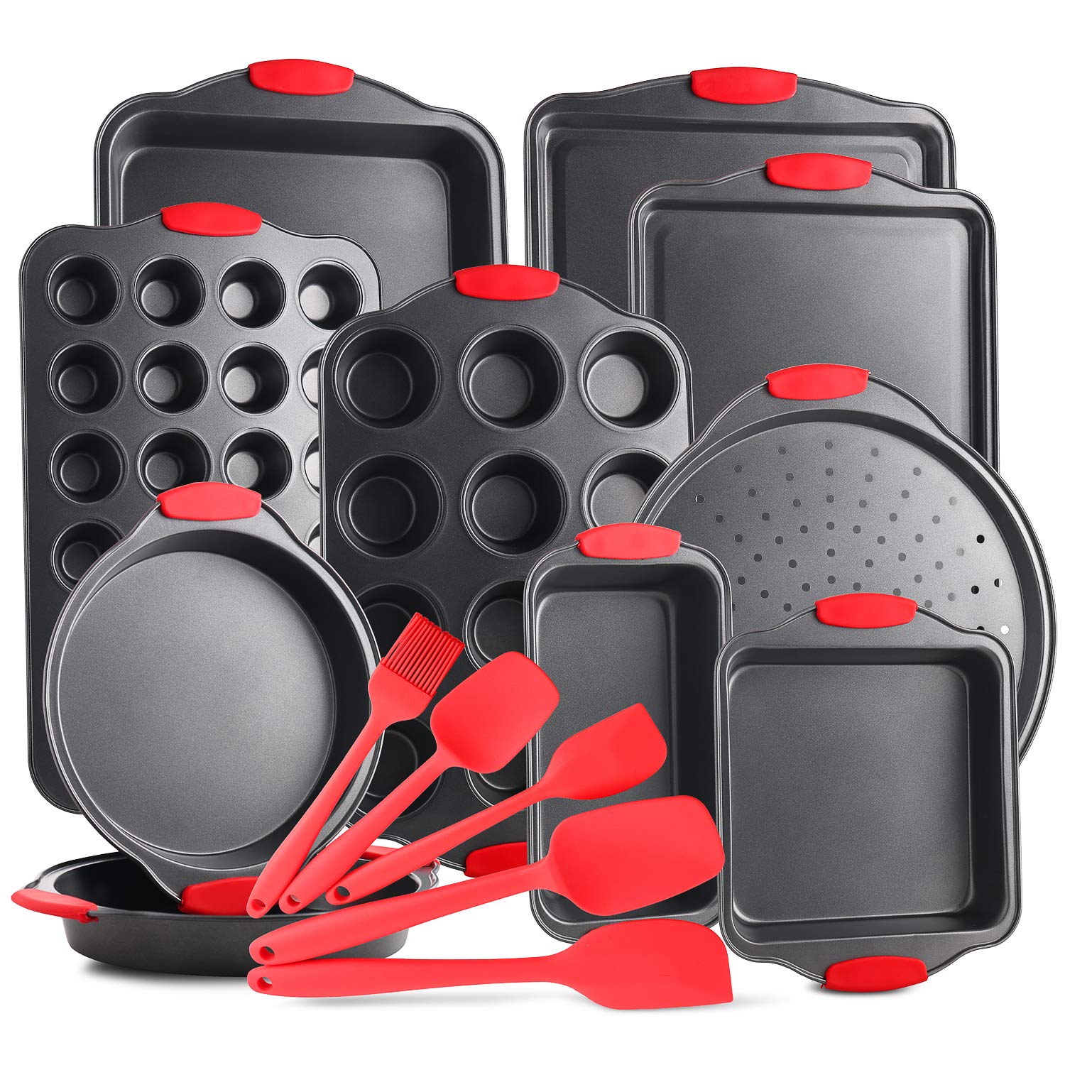 Eatex 15-Piece Nonstick Bakeware Set - Includes Muffin Pan, Cake Pan & Cookie Sheets - Premium Steel Baking Sheets for Oven - Comes with Kitchen Utensils - Black - Perfect for Home Baking, Holiday Cooking & Professional Pastry Making