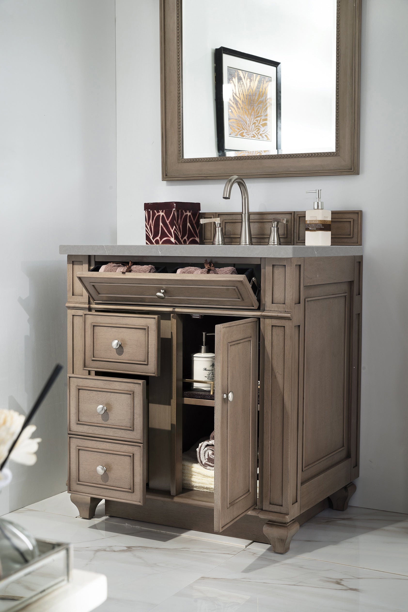 Bristol 30-Inch Single Bathroom Vanity Set with Whitewashed Walnut Finish & 3CM Eternal Serena Quartz Countertop - Perfect for Modern Farmhouse, Coastal, or Transitional Bathroom Designs