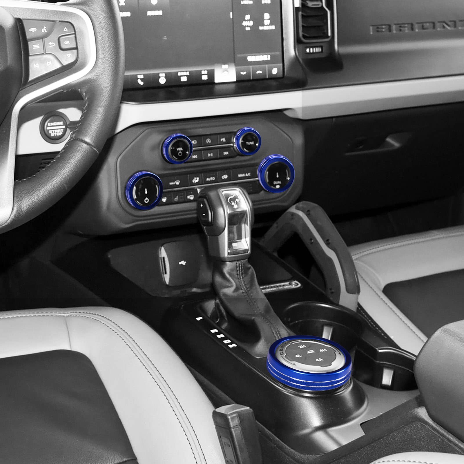 2021-2025 Ford Bronco Accessories - 6pcs Aluminum AC Headlight & 4WD Wheel Drive Trailer Gear Switch Knob Covers (Blue) | Durable Off-Road Protection for Dash & Control Panel | Perfect for Outdoor Adventures & Truck Customization