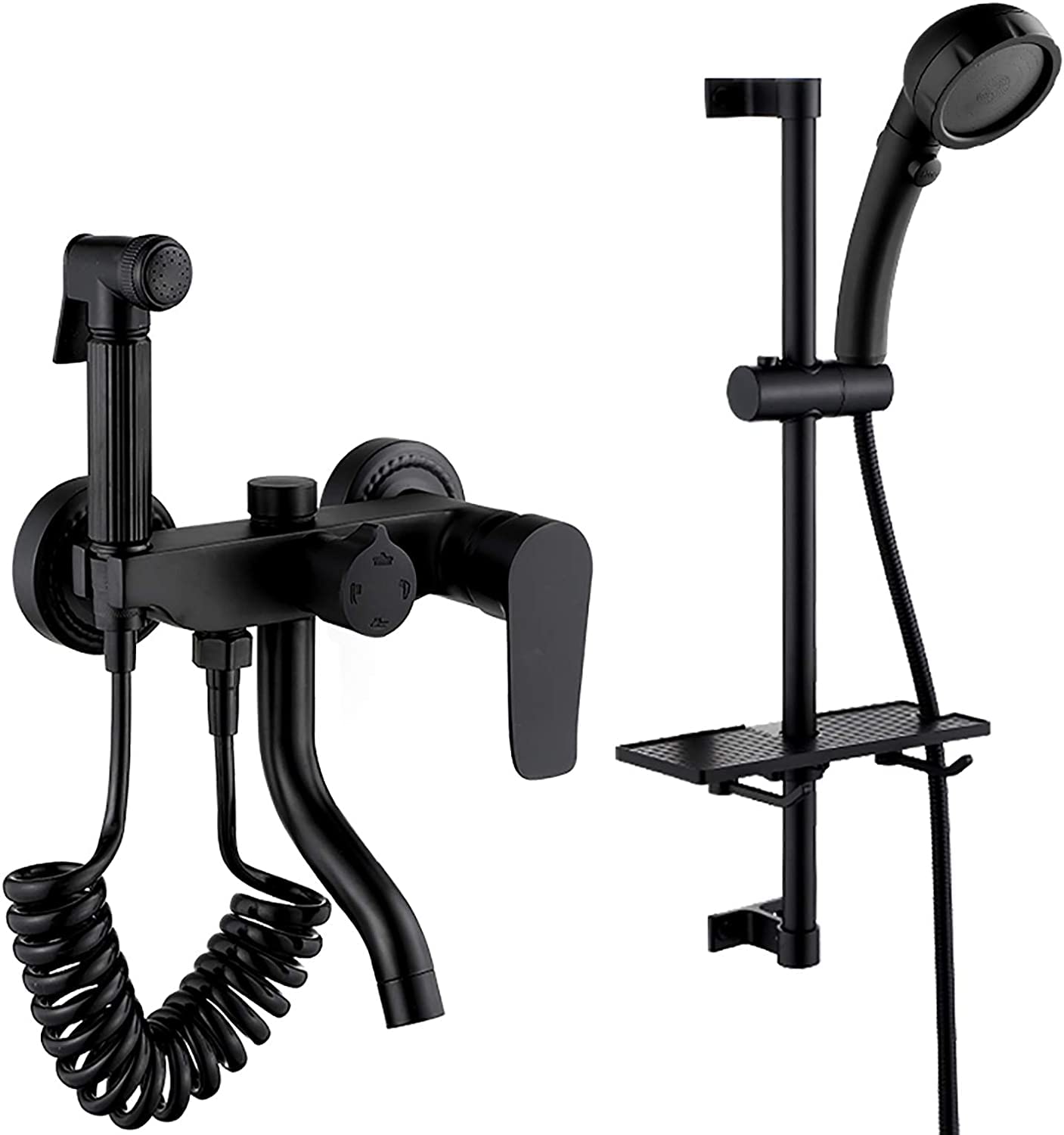 Wall Mount Black Brass Bathtub Faucet with Handheld Sprayer & Lifting Shower Rod - Bathroom Mixer Tap with Bidet Sprayer for Modern & Luxury Bathtubs - Perfect for Spa, Relaxation & Daily Bathing