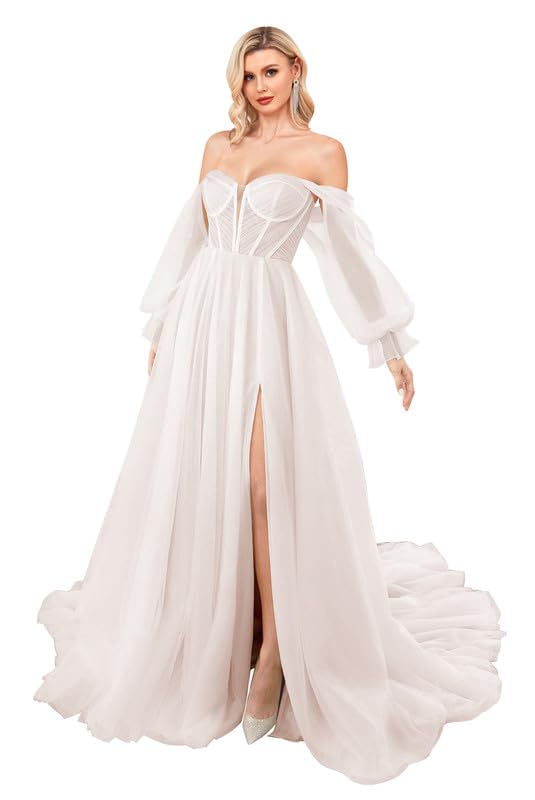 Elegant Long Sleeve Prom Dresses with High Slit | Off Shoulder Corset Tulle Wedding Gowns | Formal Evening Dresses for Homecoming, Ball, and Special Occasions