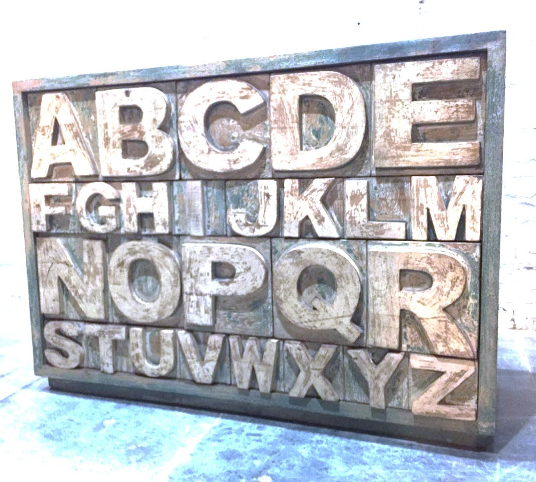 Hand Carved Wooden Sideboard Alphabet Chest - 9 Drawers Dresser for Bedroom & Living Room Storage - Perfect for Organizing Clothes, Toys, and Home Decor