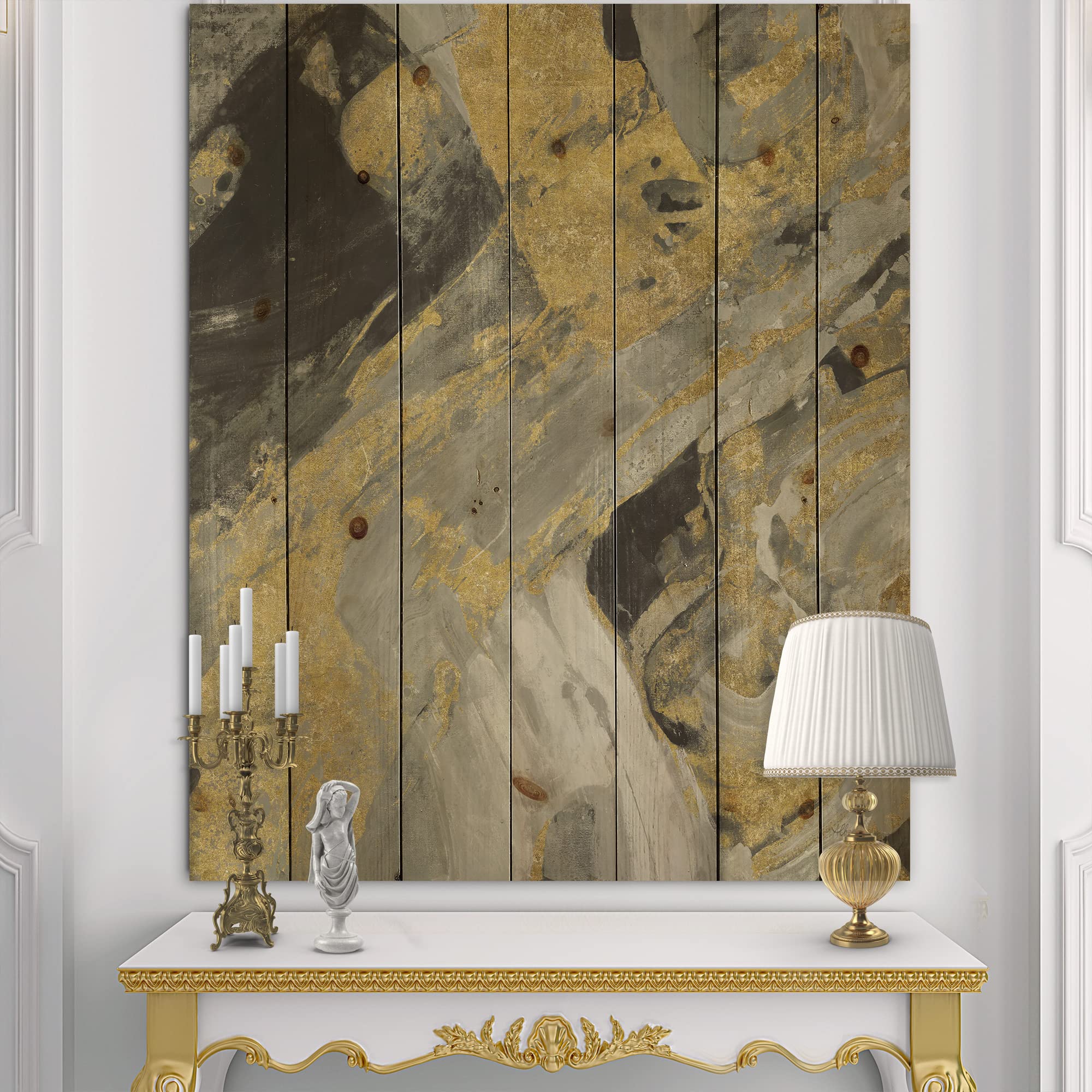 DesignQ Modern Marble Gold & Black Wood Wall Art - Large Abstract Wood Wall Panels Printed on Natural Pine - Contemporary Home Decor for Living Room, Bedroom, Office