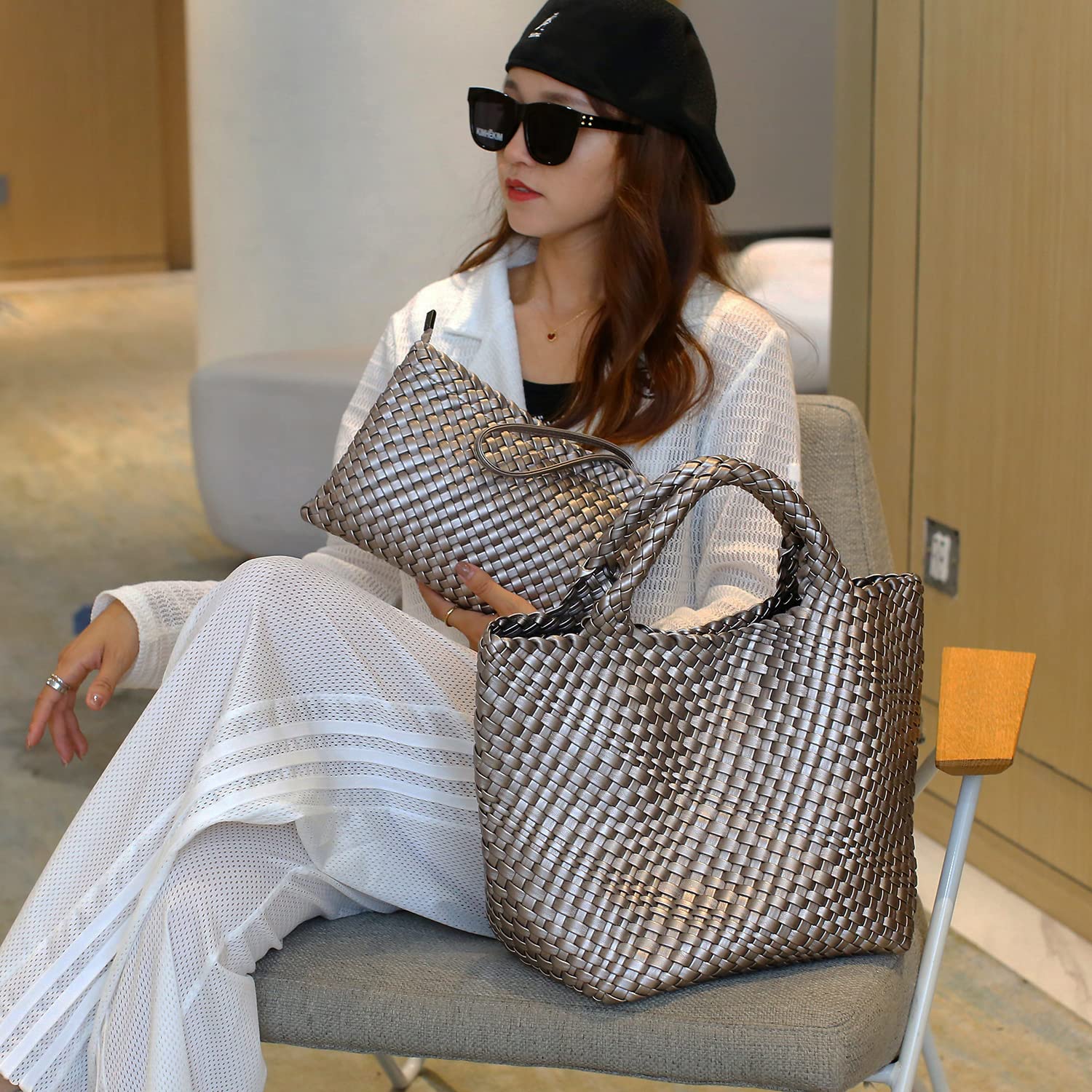 JINMANXUE Women's Fashion Woven Tote Bag - Large Capacity Shopper Bag for Travel, Work & Daily Use - Stylish Shoulder Handbag Purse for Women