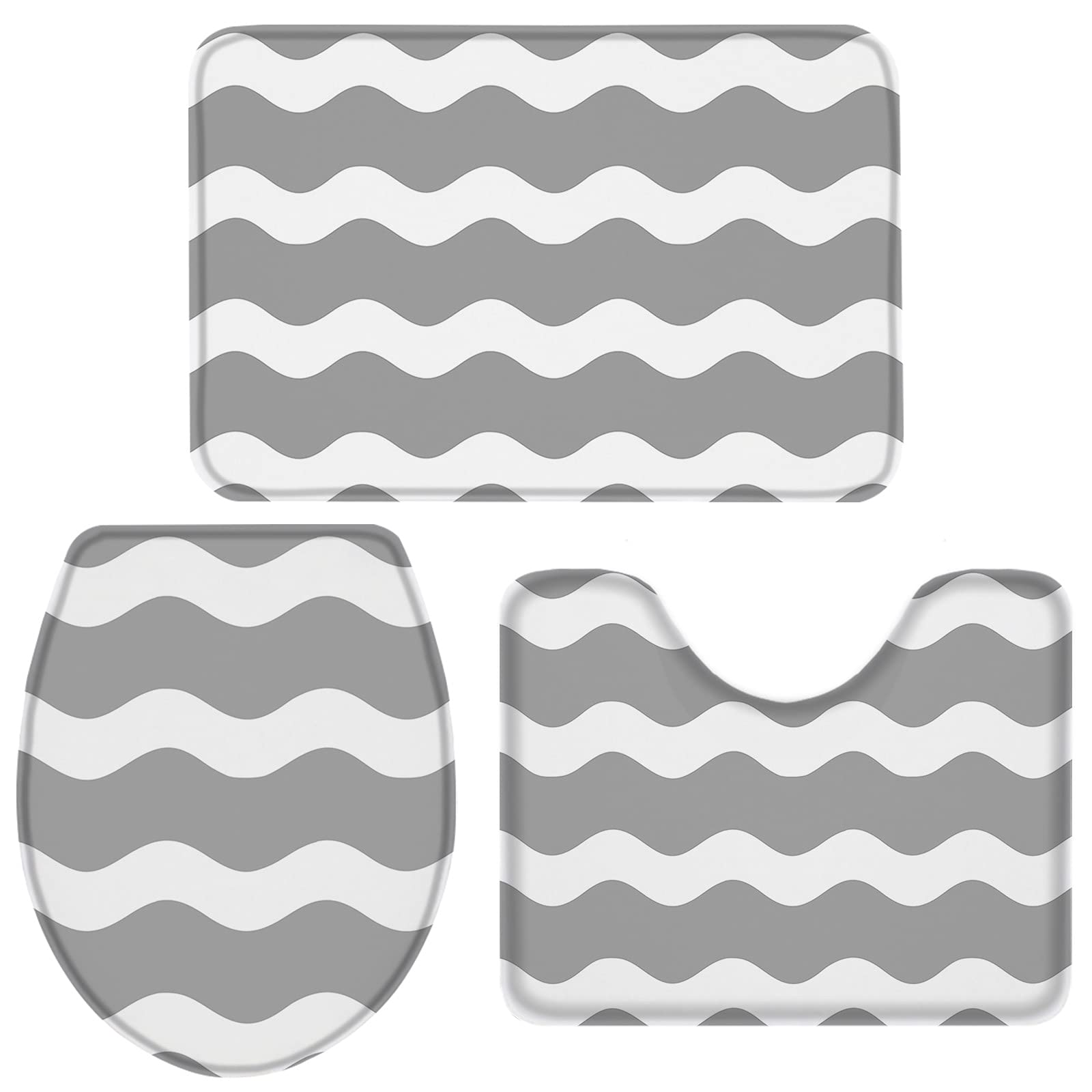 3-Piece Non-Slip Bathroom Rug Set - Gray & White Wave Design Contour Mat, Toilet Lid Cover & Absorbent Shower Mat | Soft Minimalist Stripes Bath Mats for Modern Bathrooms, Spa-Like Comfort & Slip Protection