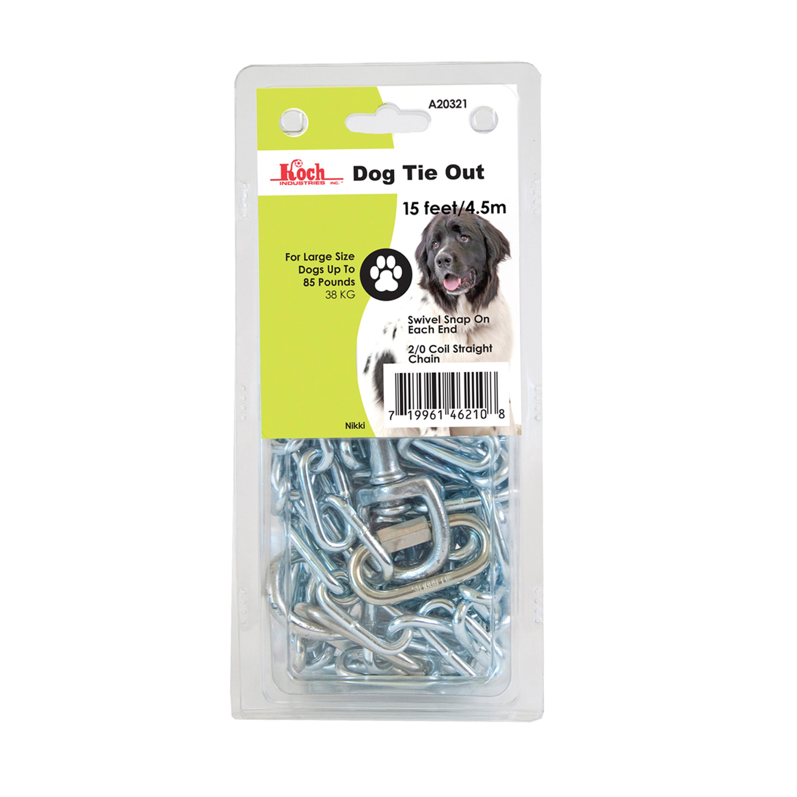Koch Industries A20321 Heavy Duty 15 ft Dog Chain Tie Out for Large Dogs - Secure Outdoor Tether for Backyard, Camping & Training