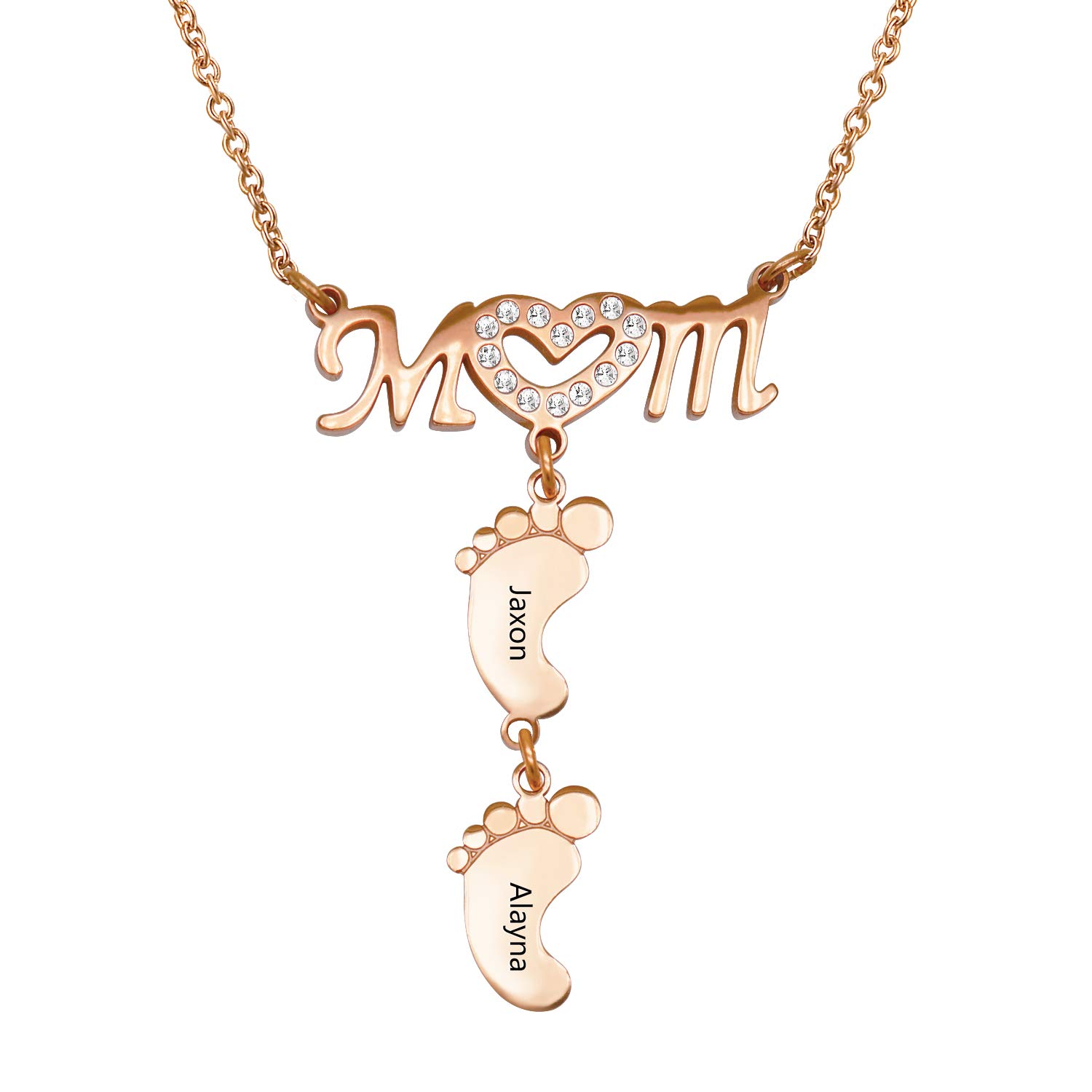 Pezebel Personalized Mom Necklace - Sterling Silver Heart & Baby Feet Charm with Custom Name Engraving - Thoughtful Gift for Mother, Wife & Pregnant Women - Perfect for Mother's Day, Birthday & Anniversary Celebrations