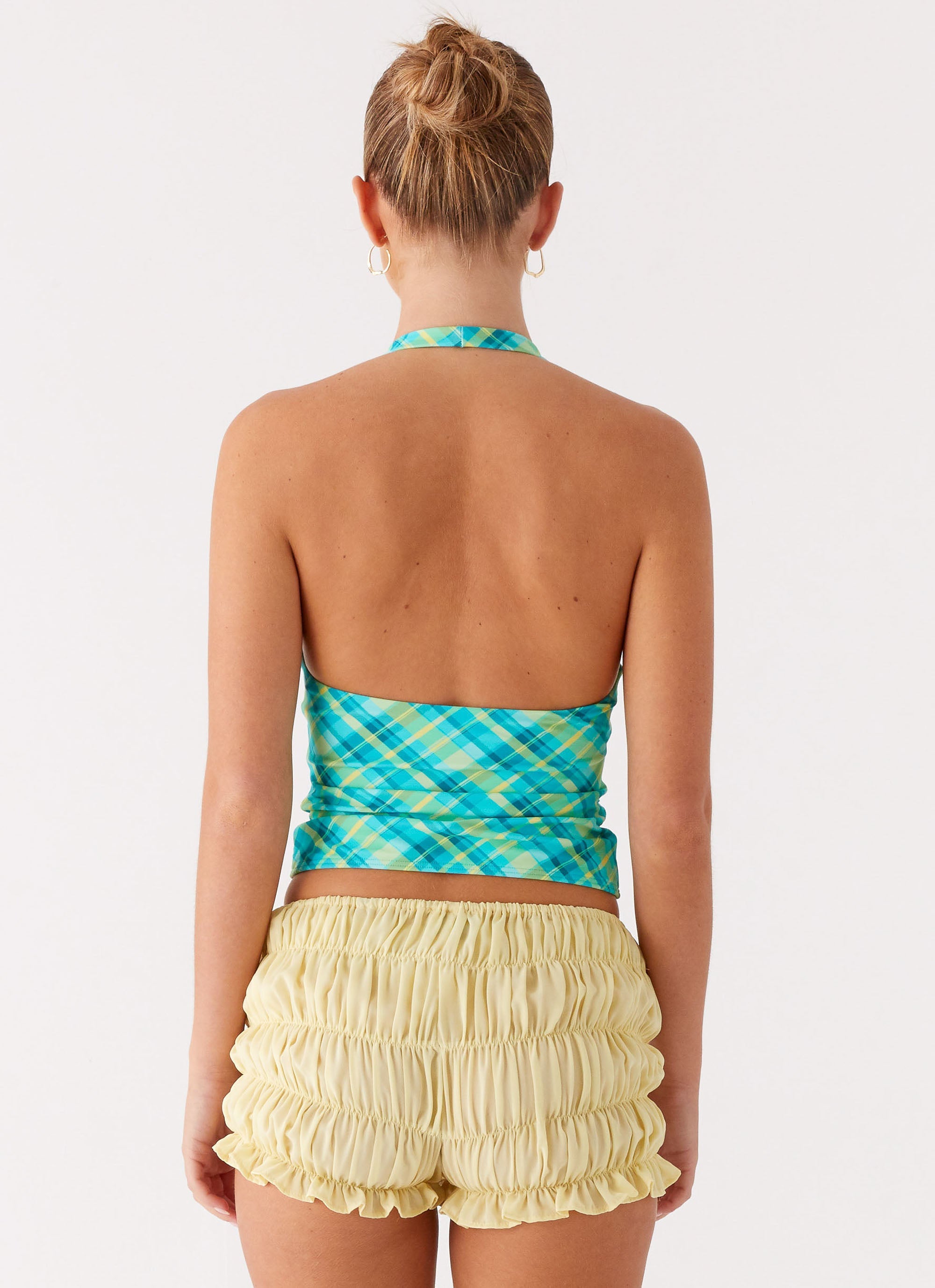 Stylish Jetsetter Halter Top in Green Check Print - Perfect for Summer Outings, Beach Vacations & Casual Wear