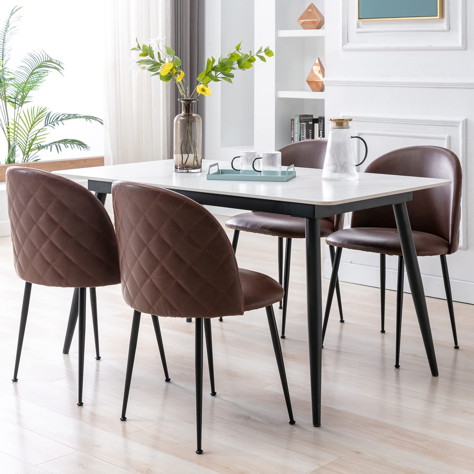Guyou 4-Piece PU Leather Dining Chair Set, Modern Upholstered Round Back Side Chairs with Metal Legs for Living Room, Bedroom, Reception - Brown | Perfect for Home Dining, Guest Seating & Office Waiting Areas