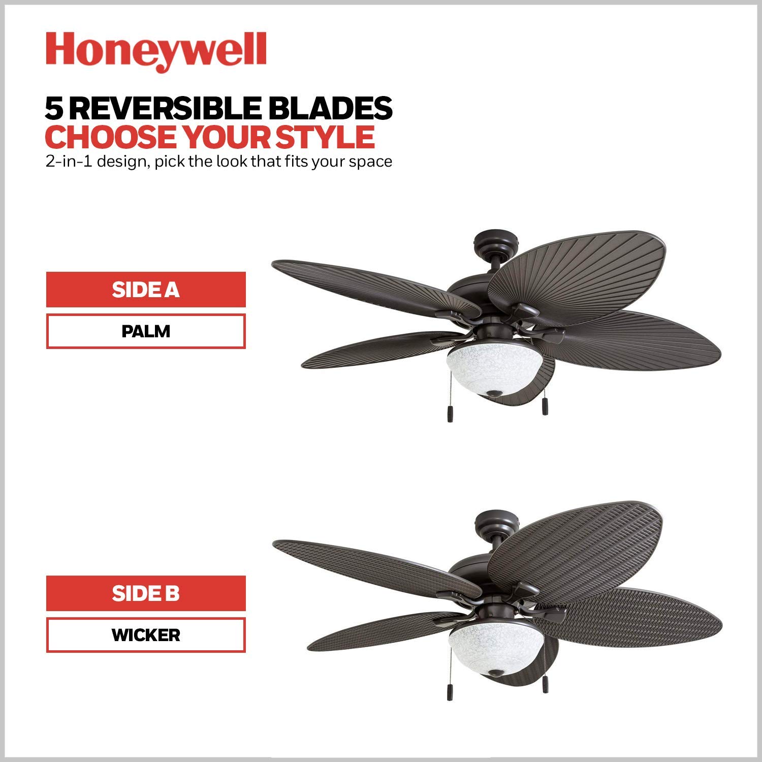 Honeywell 52 Inch Tropical Indoor Outdoor Ceiling Fan with Light Kit, Pull Chain Control, 3 Mounting Options & Weather-Resistant Blades - Bronze (Model 50510-01) - Perfect for Patio, Living Room, Bedroom and Covered Outdoor Spaces