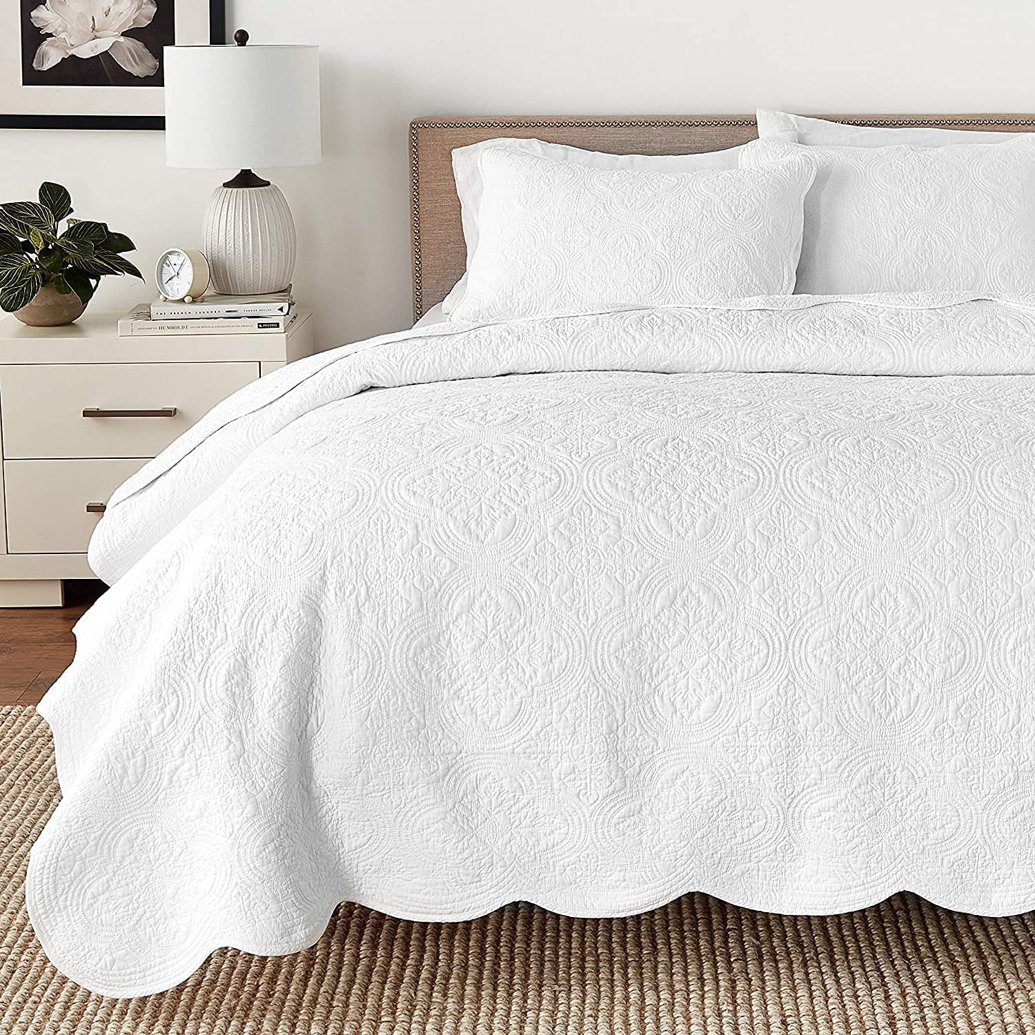 Pure Cotton Quilt Set Queen Size 3-Piece - Cozy Line Home Fashions Soft Breathable Bedding (Blantyre White) for Bedroom, Guest Room & Dorm Comfort