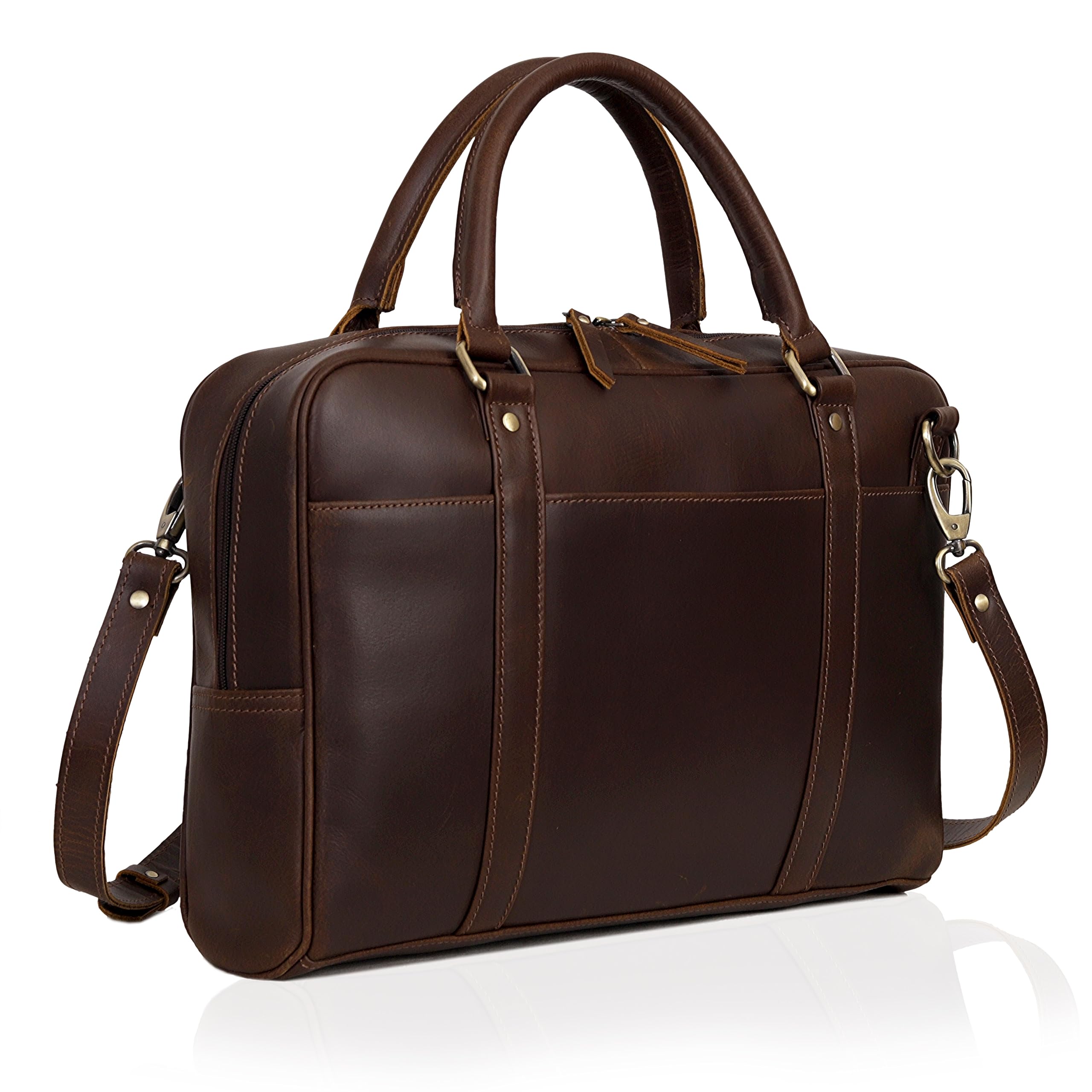 Premium Full Grain Cow Leather Briefcase for Men & Women - Handcrafted Laptop Bag with Multiple Compartments & Brass Hardware - Business Travel & Office Work Accessory