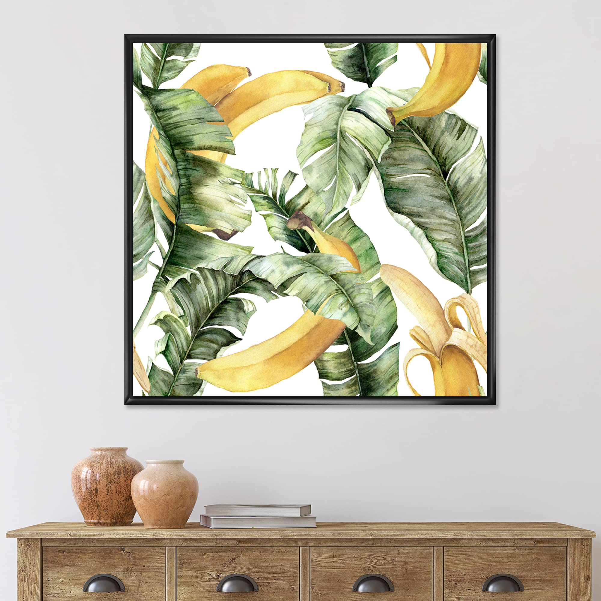 DesignQ Ripe Bananas With Leaves - Coastal Framed Canvas Wall Art Print, Green, 36x36 Inches - Perfect for Beach House Decor, Tropical Kitchen Wall Art & Farmhouse Dining Room