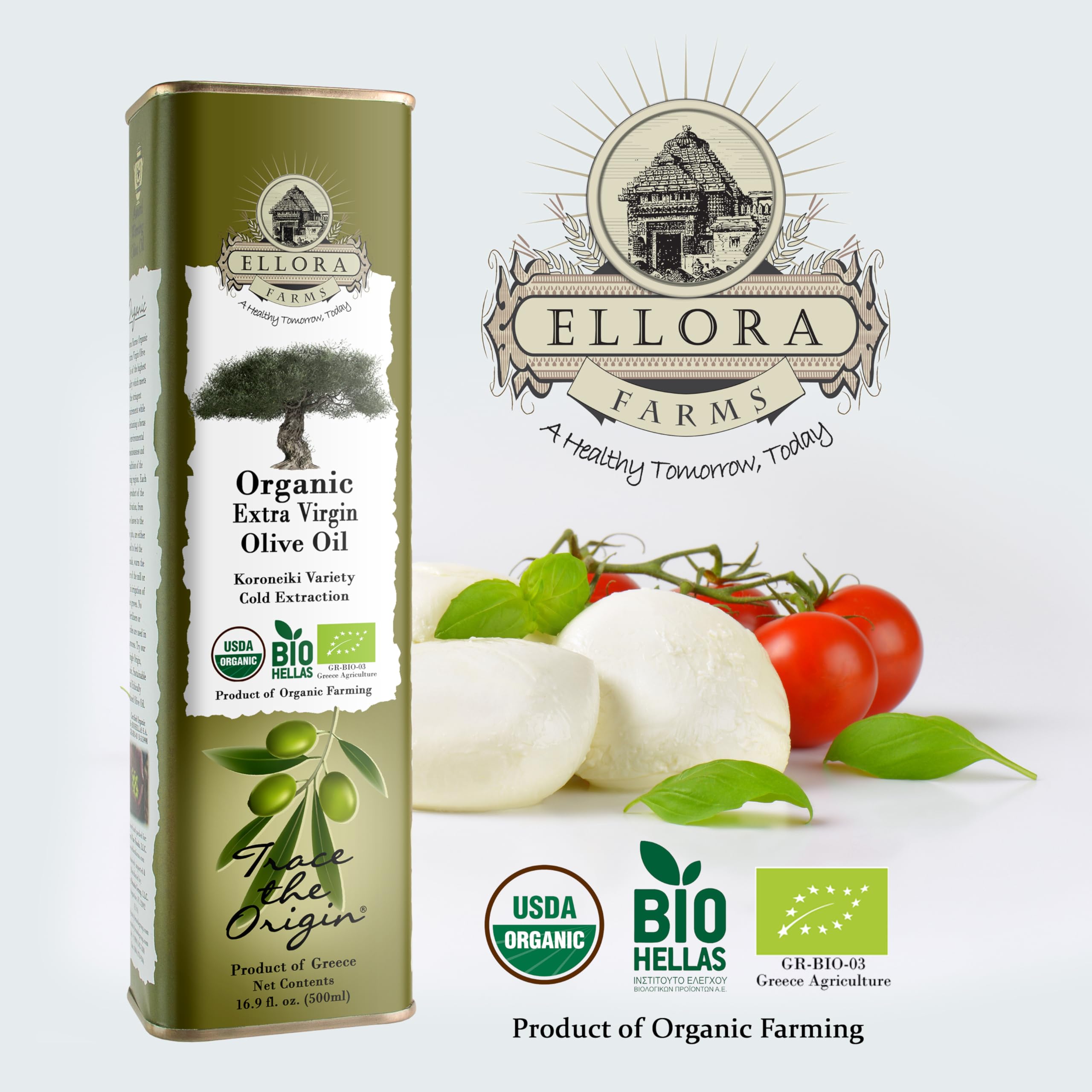 Ellora Farms USDA Organic Extra Virgin Olive Oil - 2024 Harvest, Gold Award Winner, Unfiltered & High Oleocanthal, Kosher Certified (17 oz Tin, Pack of 4) - Perfect for Salad Dressings, Cooking & Gourmet Recipes