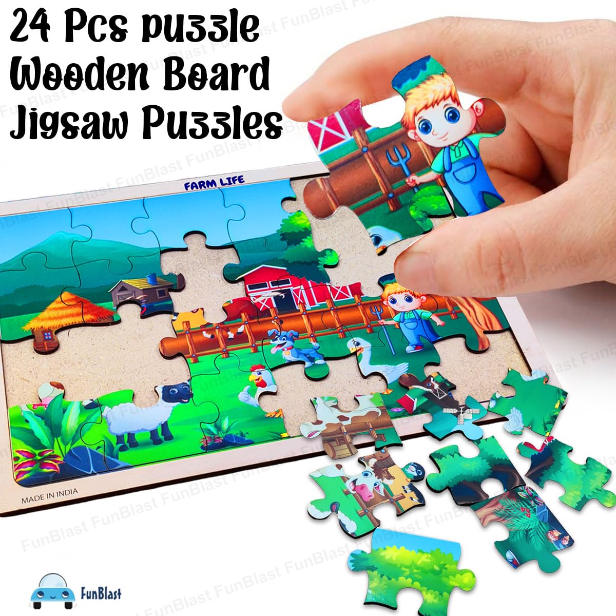 FunBlast 24-Piece Farm Life Wooden Jigsaw Puzzle for Kids Ages 3-5 - Educational Learning Toys for Toddlers, Floor & Tabletop Puzzle Games for Preschool Classroom or Home Playtime