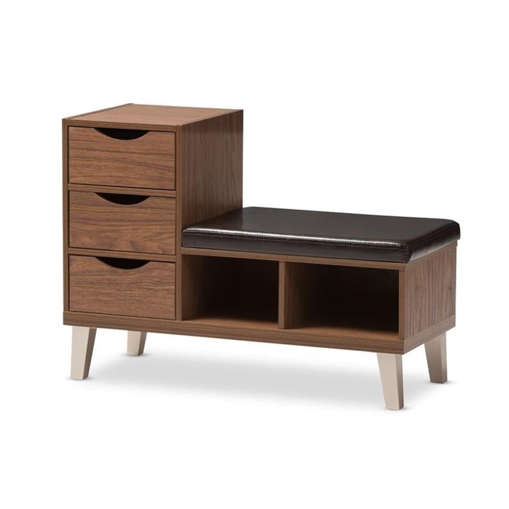 Hawthorne Collections 3-Drawer Shoe Storage Bench - Walnut Wood with Padded Leatherette Seat & 2 Open Shelves | Entryway Organizer for Shoes, Hats & Accessories | Perfect for Bedroom, Closet or Mudroom Storage Solution