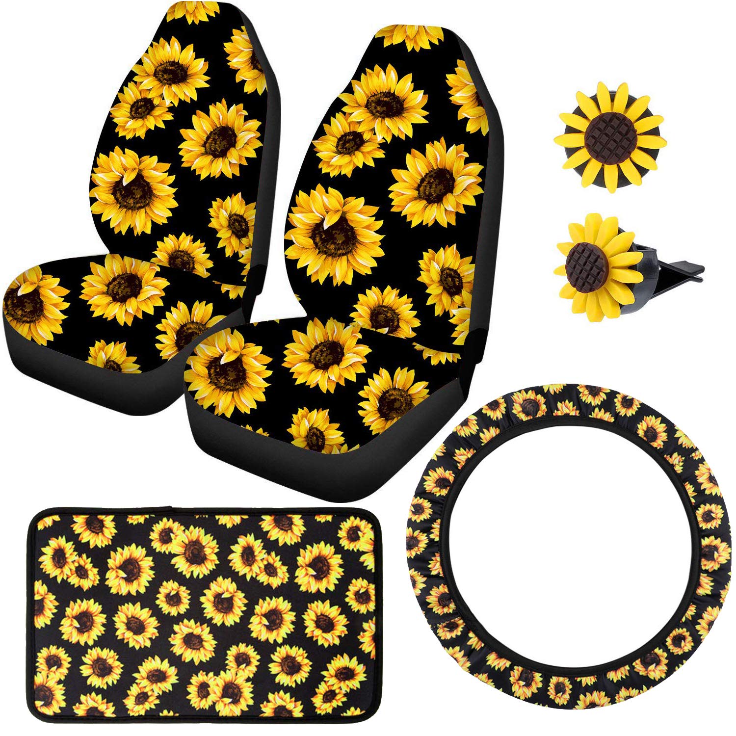 6-Piece Sunflower Car Accessories Set - 2 Seat Covers, Steering Wheel Cover, Armrest Pad & 2 Vent Clips | Floral Car Decor for Women, Cute Sunflower Car Interior Upgrade | Perfect for Summer Road Trips & Boho Style Vehicles