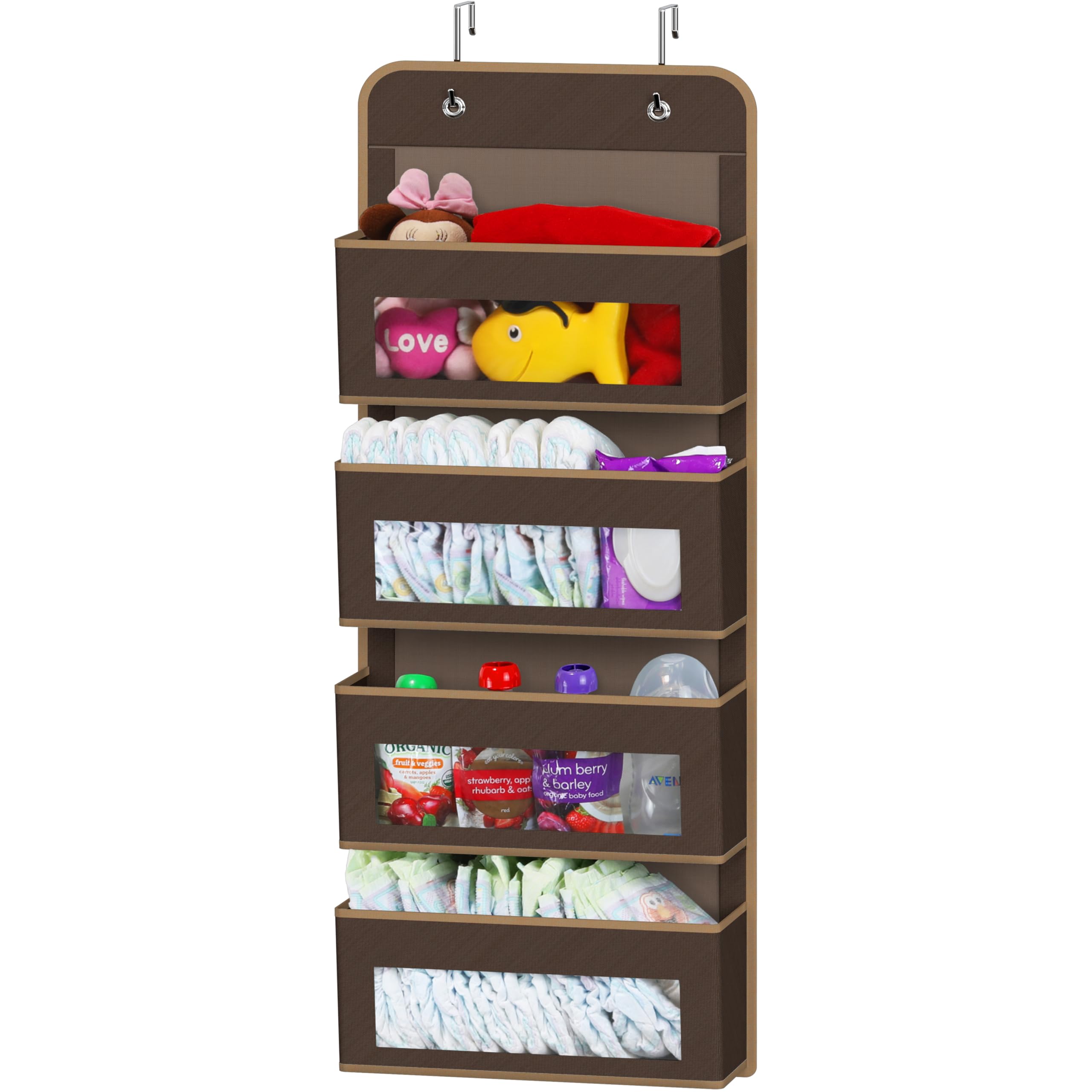 Simple Houseware Over Door/Wall Mount 4 Clear Window Pocket Organizer - Brown | Hanging Storage Solution for Bathroom, Bedroom, Kitchen & Office Organization