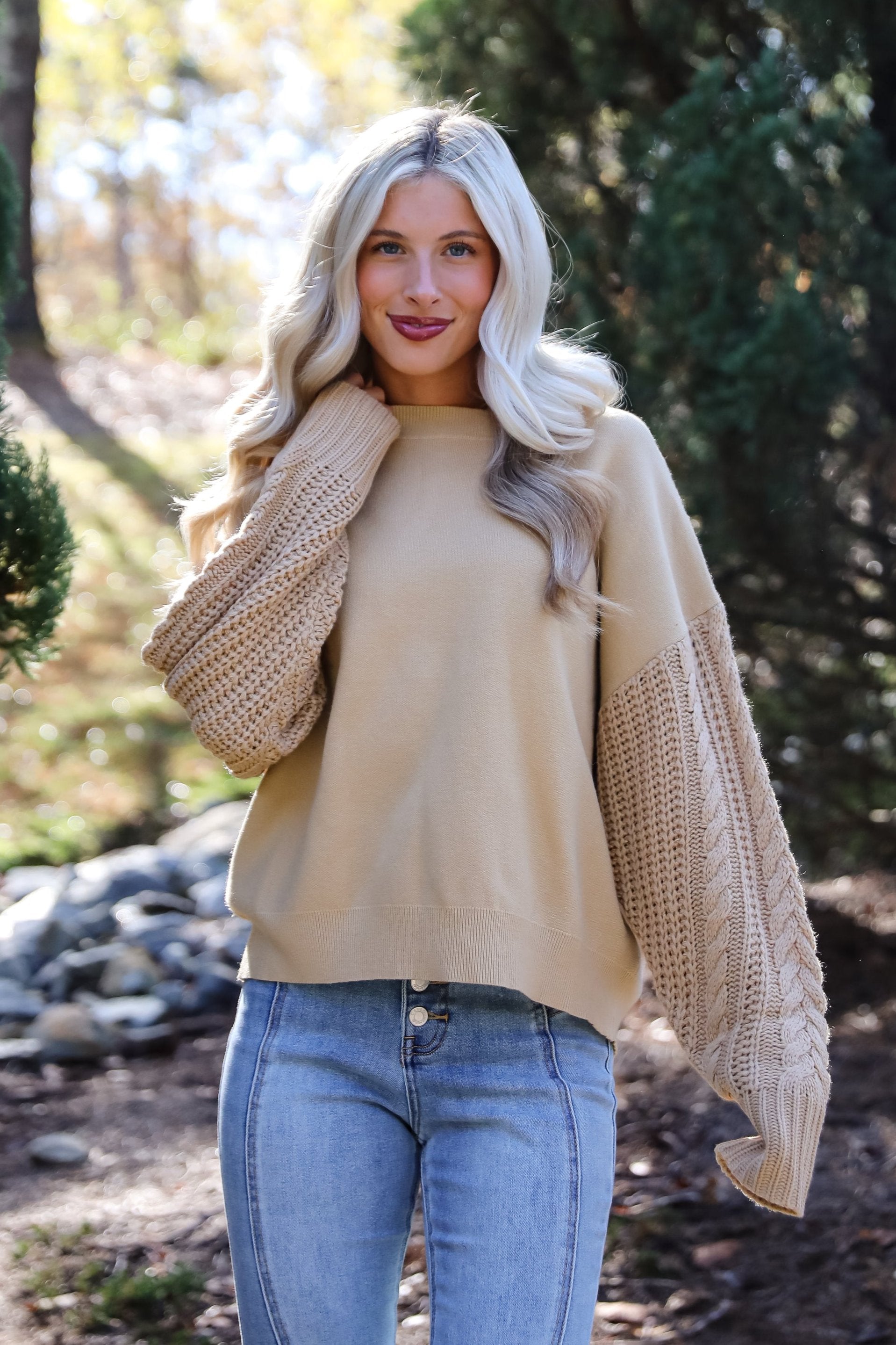 Final Sale - Cabin Cues Taupe Cable Knit Sleeve Sweater for Women | Cozy Winter Pullover | Perfect for Casual Outings, Office Wear & Holiday Gatherings