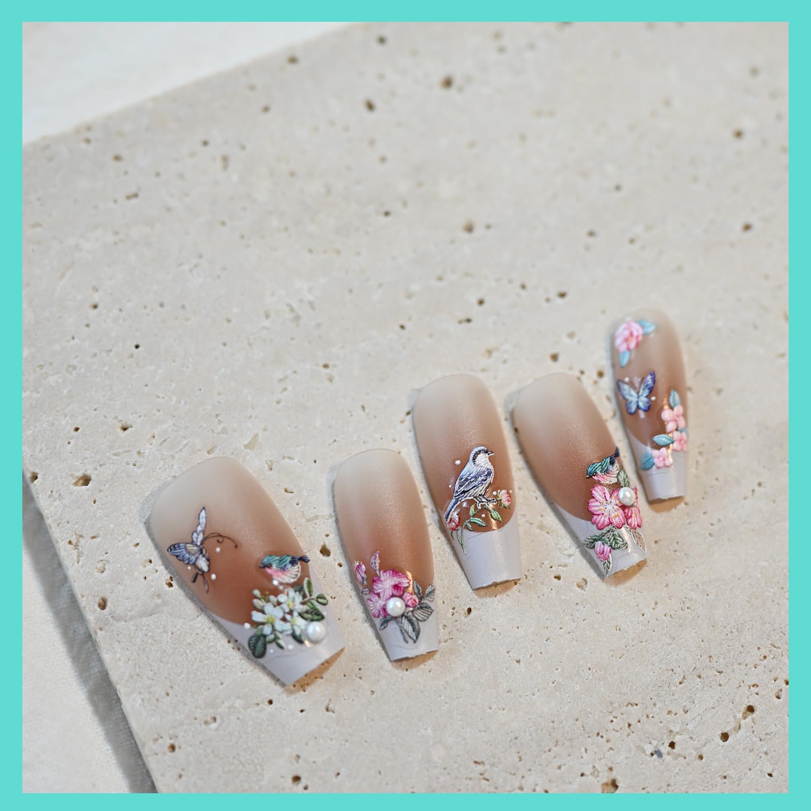 Vintage Rose Bird Nail Art Stickers with Pearl Rhinestones - Self-Adhesive Embossed Nail Decals for Women (3 Sheets) | Perfect for DIY Manicures, Bridal Nails, and Special Occasion Nail Designs