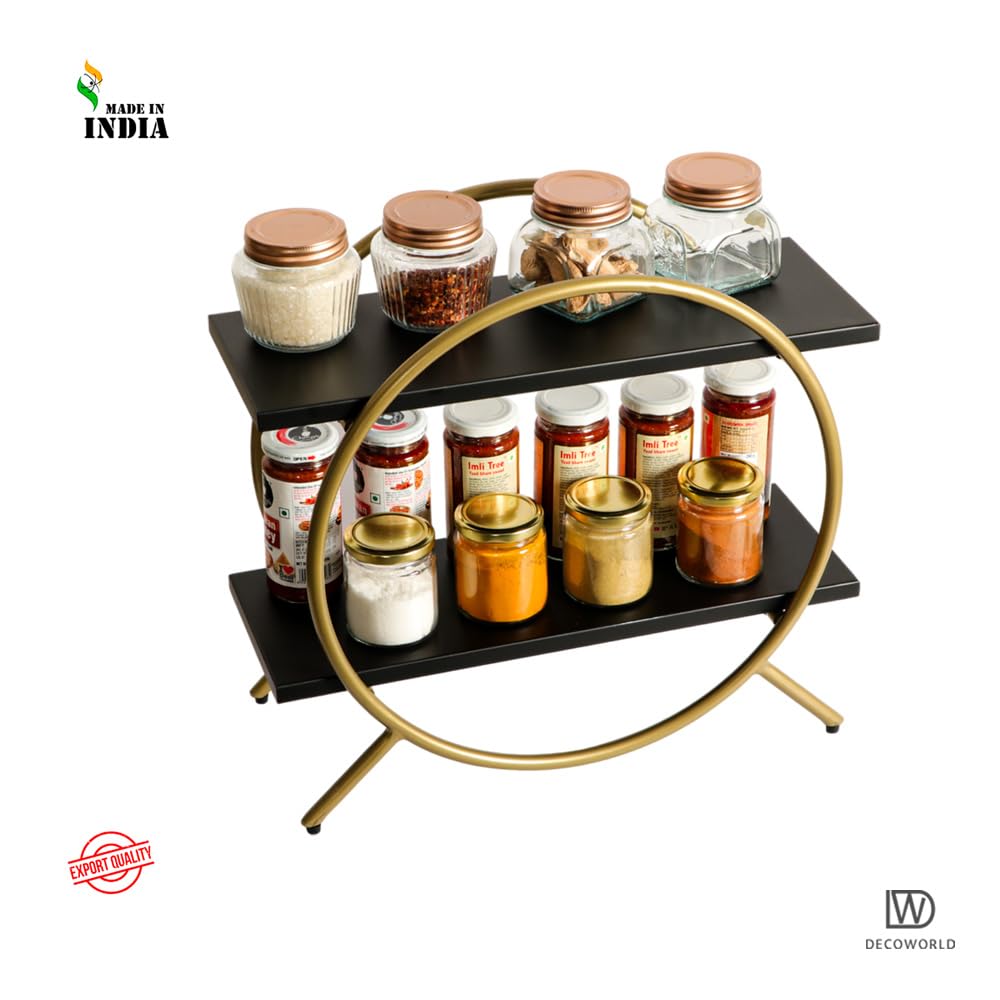 Premium 2-Tier Circular Countertop Organizer Rack - Multishelf Storage Stand for Kitchen, Bathroom & Vanity | Spice Rack, Cosmetic Organizer & Bathroom Storage | Space-Saving Solution for Small Spaces (Black & Gold) | Perfect for Countertop Organization in Apartments, Dorms & Tiny Homes